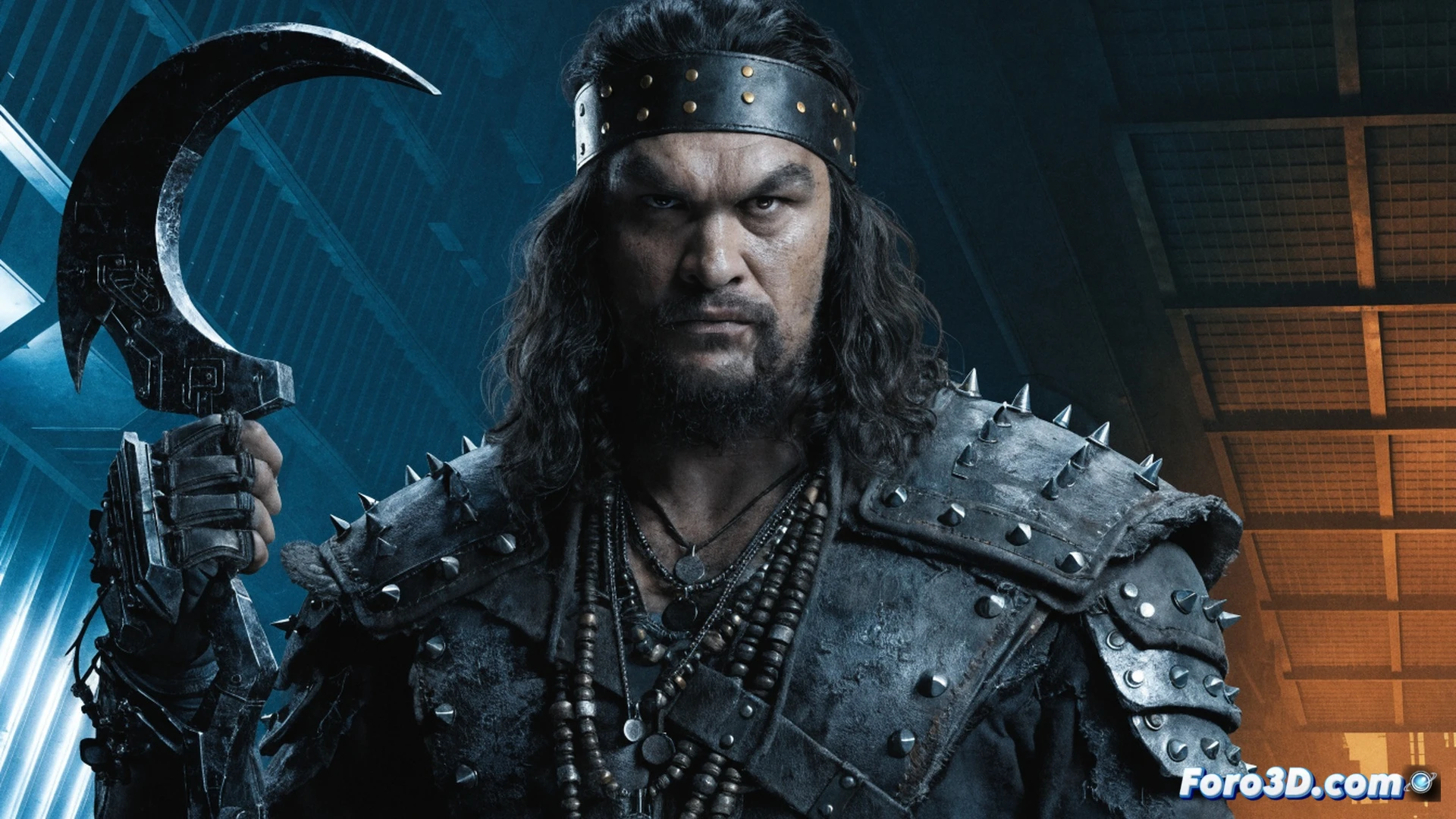 Jason Momoa transforming from Aquaman to Lobo in mid-action, throwing aside a golden trident while grabbing a spiked chain hook, leather jacket and silver skull belt visible, motorbike with mechanical engine parts in background, cinematic photorealistic style, dramatic side lighting, motion blur on hands, dust particles floating, metallic hook reflecting studio lights, muscular physique tensed during the transformation, dark industrial setting with metal pipes and gears, ultra-detailed textures on costume and bike, high-contrast shadows, dynamic pose demonstrating character shift