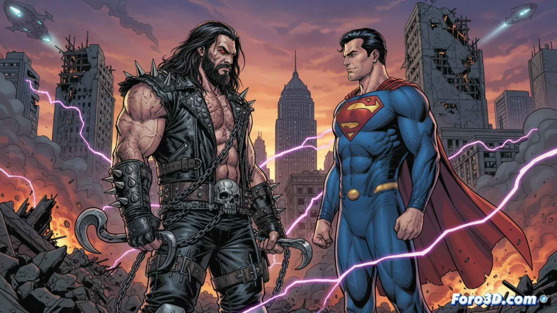 Jason Momoa como Lobo agarrando a Superman en un callejón urbano oscuro, puños chocando con chispas eléctricas, escombros levantados por la fuerza del impacto, cicatrices brillantes en el rostro de Lobo, capa roja de Superman desgarrada, motocicleta espacial de Lobo humeando al fondo, estilo cinematográfico fotorrealista, iluminación dramática de farolas rotas, partículas de polvo suspendidas, texturas metálicas detalladas, sombras profundas, acción congelada en el momento del golpe.