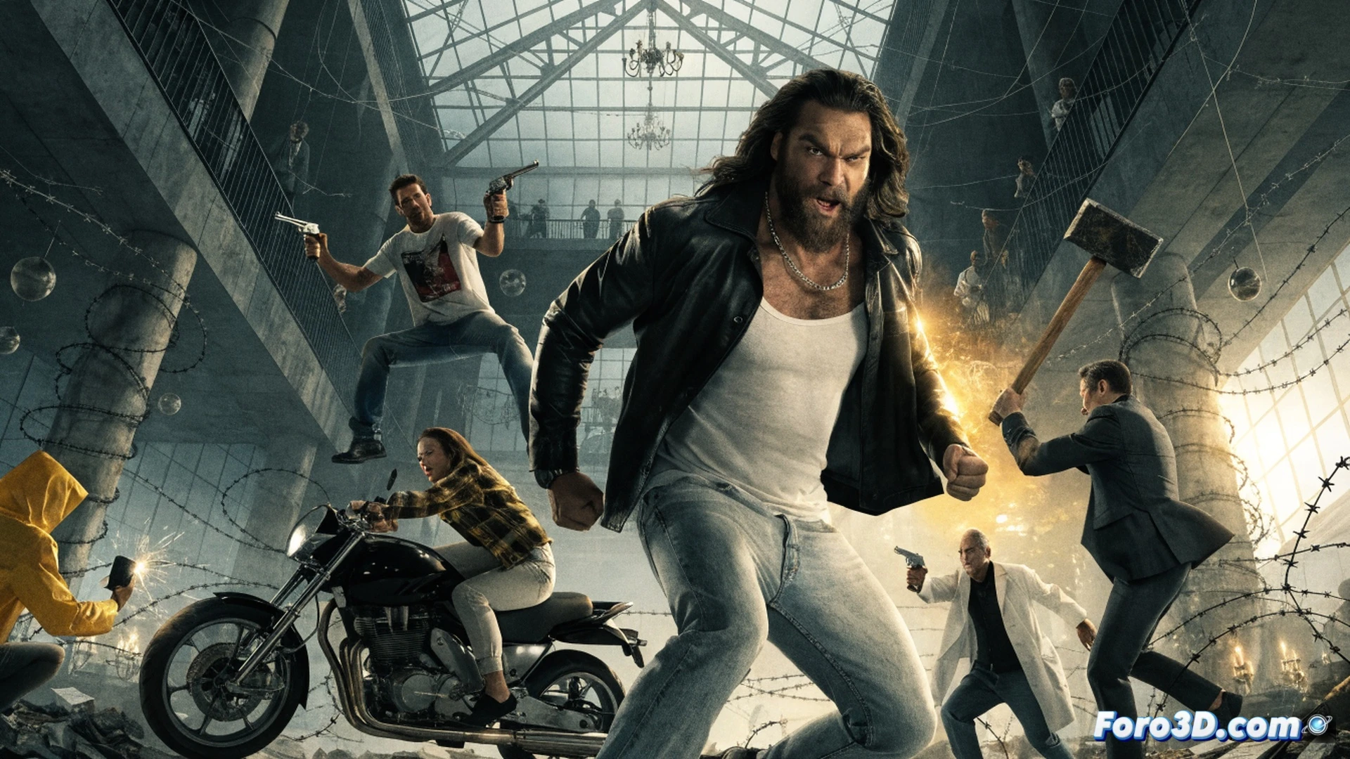 Jason Momoa mid-air kicking a security guard while holding a champagne bottle that sprays foam, shattered glass and popcorn flying around a chaotic movie theater lobby, popcorn machine overturned with kernels bouncing, ticket booth screen displaying streaming menu interface, digital cinema projector light beam cutting through smoke, cinematic action comedy lighting with warm amber and cool blue contrast, photorealistic technical illustration, dynamic motion blur on limbs and debris, ultra-detailed textures on leather jacket and metal theater fixtures, dramatic wide-angle lens perspective showing the explosive scene
