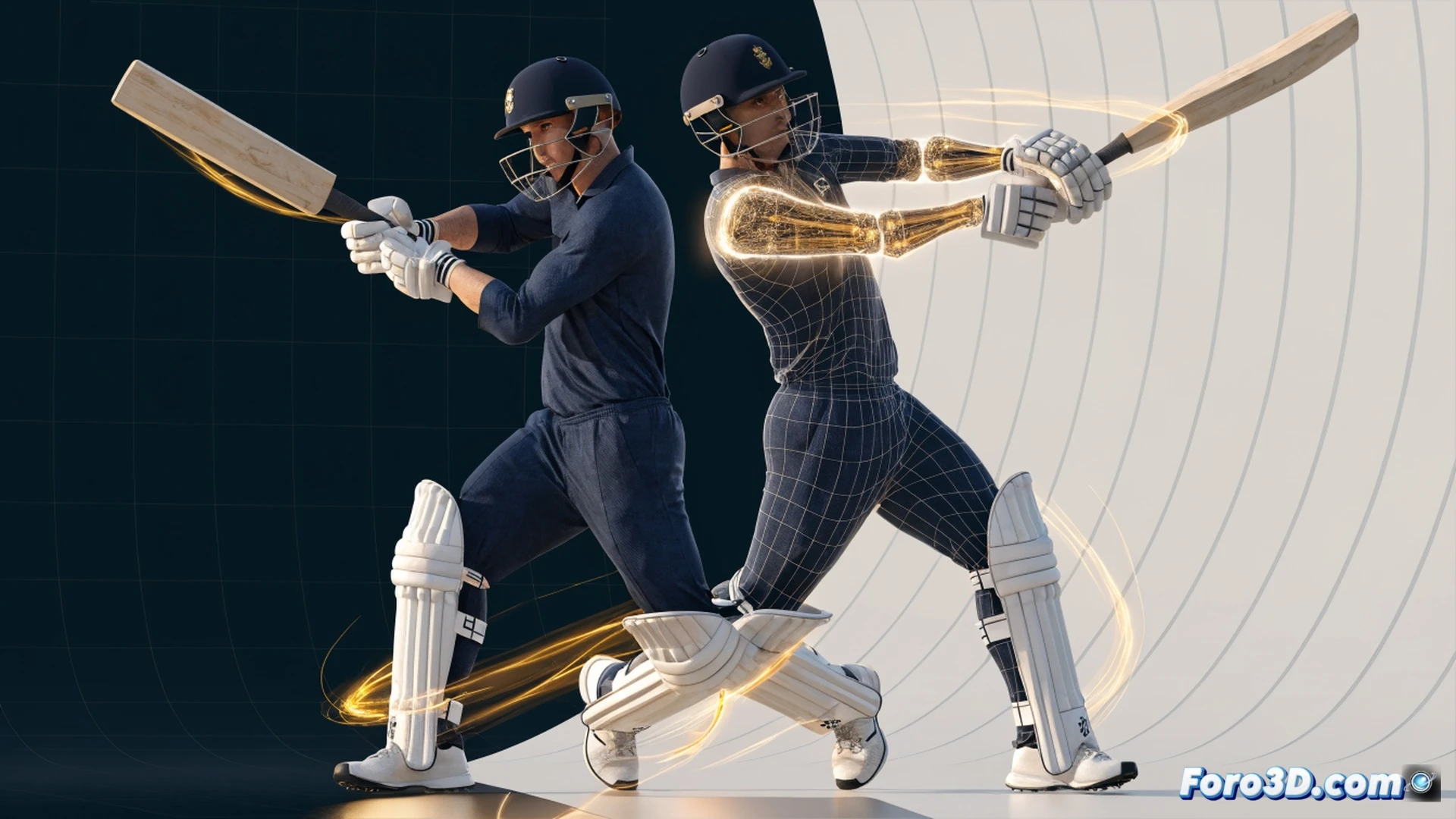 batsman Jason Roy in dynamic batting pose, front foot stride while executing powerful drive, high-speed camera capturing leg and hip rotation sequence, 3D motion capture markers on his body, wireframe skeleton overlay showing kinetic chain energy transfer, biomechanical analysis interface with joint angle measurements and force vectors, cricket pitch with red ball leaving bat at high velocity, motion blur on bat swing path, glowing trajectory lines from footwork to bat contact point, technical illustration style, photorealistic render, dramatic stadium lighting