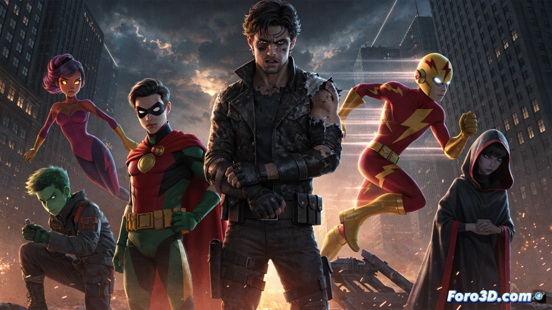 Jason Todd en pose dominante frente a un equipo de adolescentes asustados, sosteniendo un rifle táctico modificado mientras una interfaz holográfica de seguridad muestra perfiles de jóvenes héroes, fondo de sala de guerra oscura con monitores de vigilancia, adolescentes en uniformes desajustados retrocediendo, expresiones de conflicto entre miedo y rebeldía, iluminación fría de laboratorio técnico, contraste entre armadura adulta pesada y trajes juveniles brillantes, cinematic shot con profundidad de campo, texturas metálicas desgastadas, cables y paneles de control visibles, demostrando tensión generacional y falta de cohesión, photorealistic engineering visualization