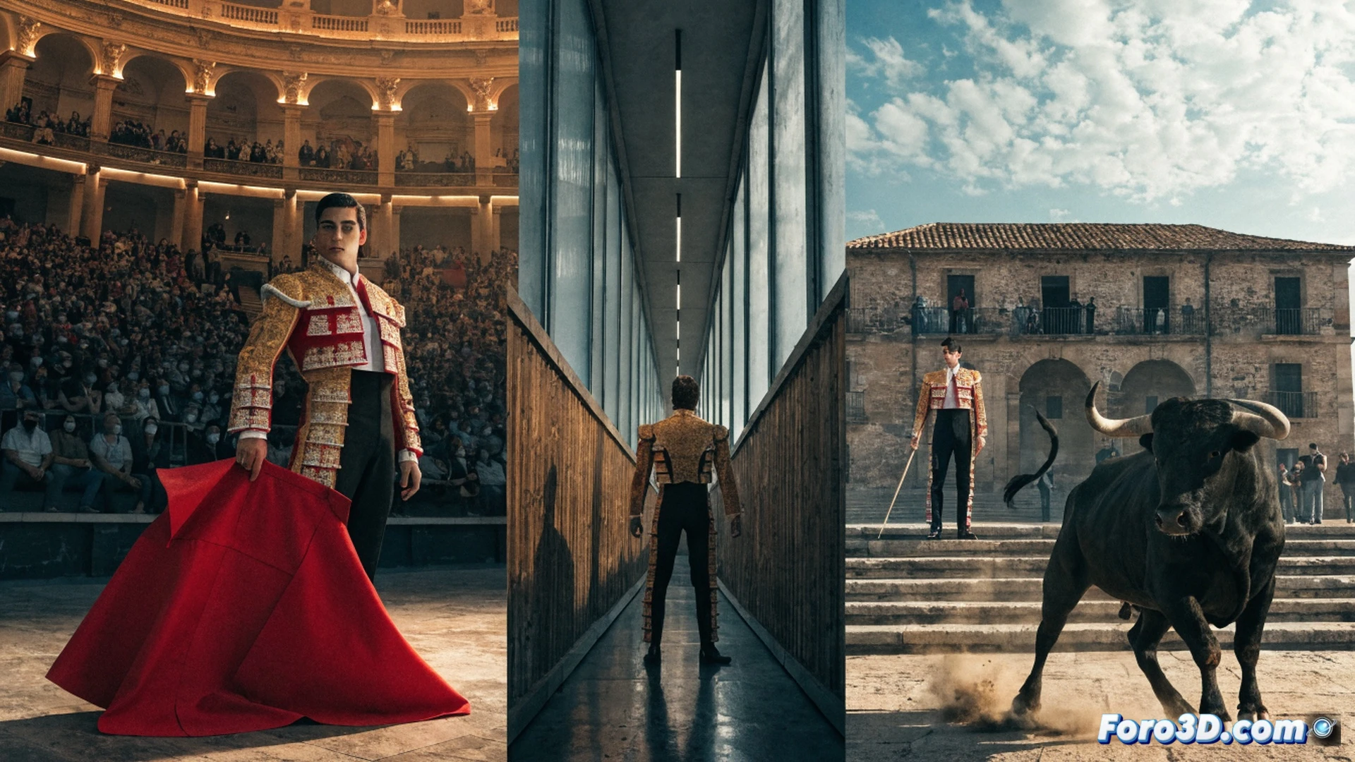Joven torero con traje de luces rojo y oro ejecutando una verónica en una plaza de toros al atardecer, capote de brega ondeando en movimiento mientras la arena se levanta en remolinos, público expectante en sombras al fondo, detalles de bordados en el chaquetilla y costuras del capote, estilo cinematográfico con luz cálida de sol poniente, fotorealismo técnico, profundidad de campo reducida, texturas de tela y arena visibles, composición dramática de acción taurina