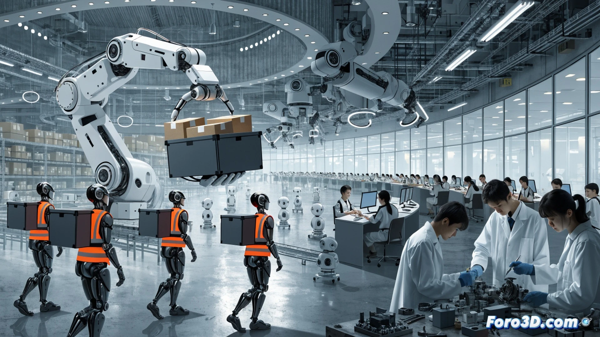 Photorealistic cinematic scene inside a futuristic logistics warehouse, 700,000 delivery robots lined up in rows being inspected by human technicians, a technician in a blue uniform using a tablet to diagnose a robot s open panel while another technician holds a robotic arm component and a wrench, holographic maintenance instructions floating above the robots, automated conveyor belts moving spare parts in the background, bright industrial LED lighting, metallic surfaces reflecting blue and orange glow, ultra-detailed mechanical joints and circuit boards visible, engineering visualization style, dramatic depth of field, action of transformation and upskilling demonstrated