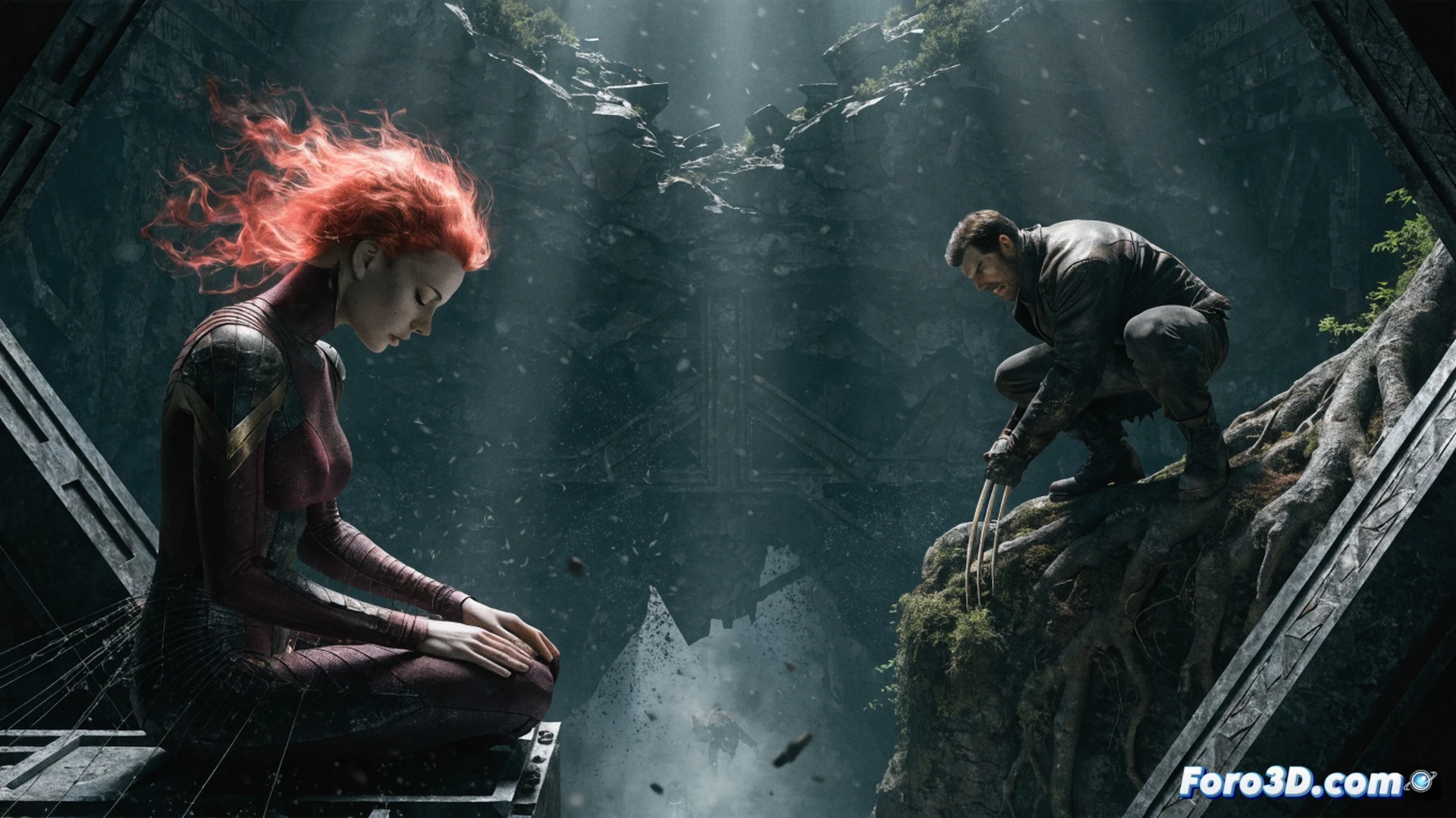 Marvelous Wolverine crouching on a rain-slicked rooftop at night, Jean Grey floating mid-air behind him with a glowing Phoenix aura, her hands raised while telekinetic energy swirls around a broken helicopter, sparks and debris frozen in motion, distant city skyline with neon reflections, cinematic photorealistic style, dramatic blue and orange lighting, particles of glass and metal suspended, action scene demonstrating support from a distance, limited player control implied by Wolverine watching her