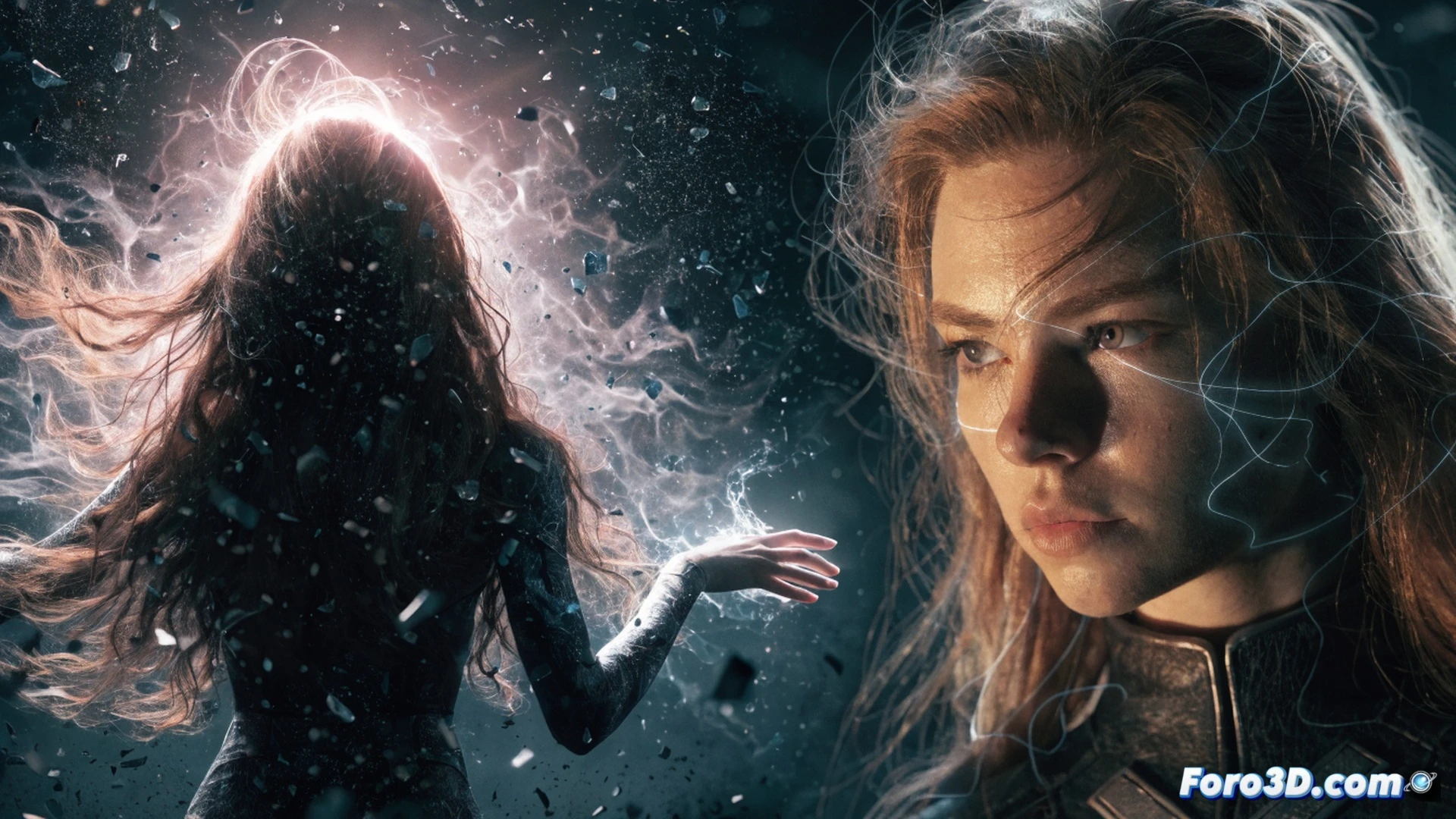 Cinematic scene of Jean Grey mid-air in a dark forest, telekinetic energy swirling around her hands as metallic debris floats upward, red psychic aura crackling like Wanda Maximoff s chaos magic, a shattered Spider-Man mask lying on the ground, glowing neural network patterns visible in the air, photorealistic technical render, dramatic storm lighting, particle effects mimicking brainwave frequencies, ultra-detailed costume texture, action sequence frozen in time, cinematic composition
