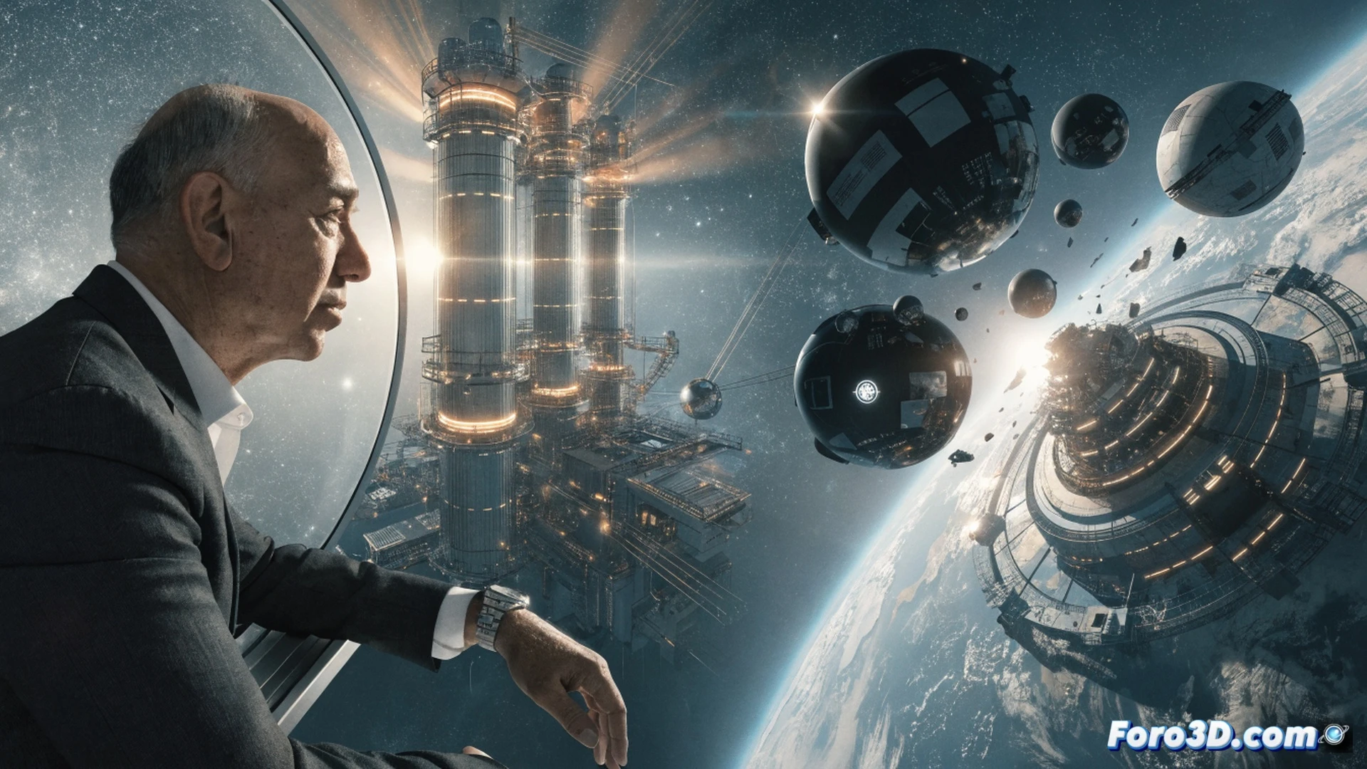 industrial factory complex with massive carbon capture pipes extending upward into a space elevator structure, pollution particles being funneled into a glowing orbital transport capsule, Earth's blue atmosphere visible behind, data center server racks floating in low orbit connected by energy beams, solar panels absorbing cosmic rays, condensation trails forming in vacuum, photorealistic engineering visualization, cinematic lighting with Earth's curvature in background, metallic surfaces reflecting starlight, detailed mechanical joints and thermal panels, dramatic contrast between polluted ground and pristine space, hyperrealistic industrial sci-fi aesthetic