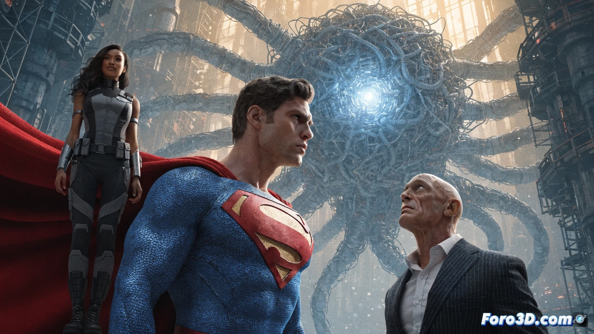 Superman flotando frente a una pantalla holográfica gigante de Braniac, rayos de energía roja impactando su pecho mientras sostiene un fragmento de kryptonita verde, Lex Luthor observa desde una plataforma metálica con un dispositivo tecnológico en su mano, naves colosales con circuito de luz azul sobre Metrópolis, estilo cinematográfico fotorrealista, iluminación dramática de alto contraste, partículas de escombros suspendidas, texturas metálicas detalladas, sombras profundas, acción congelada en el momento del impacto, render técnico ultradetallado