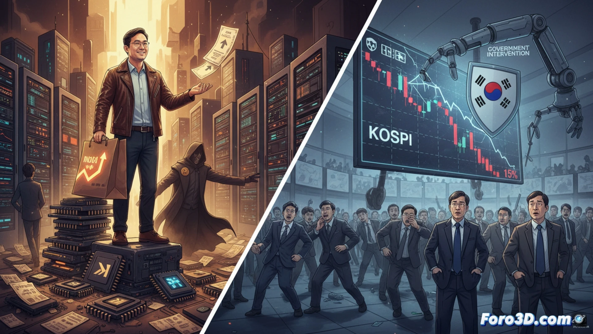 photorealistic stock market crash scene, two contrasting panels side by side, left side shows Jensen Huang silhouette pointing at green glowing Nvidia GPU chips with Buy Now holographic text overlay, right side shows Seoul stock exchange trading floor with digital screens displaying Korean flag and red falling arrows, government officials in suits urgently pressing emergency buttons on trading terminals, panic selling visualized as red candlestick charts crashing downward, financial data streams flickering, dramatic split lighting with warm golden light on left panel and cold blue emergency lights on right panel, cinematic wide angle shot, ultra-detailed trading equipment, reflective glass surfaces, hyperrealistic digital interfaces