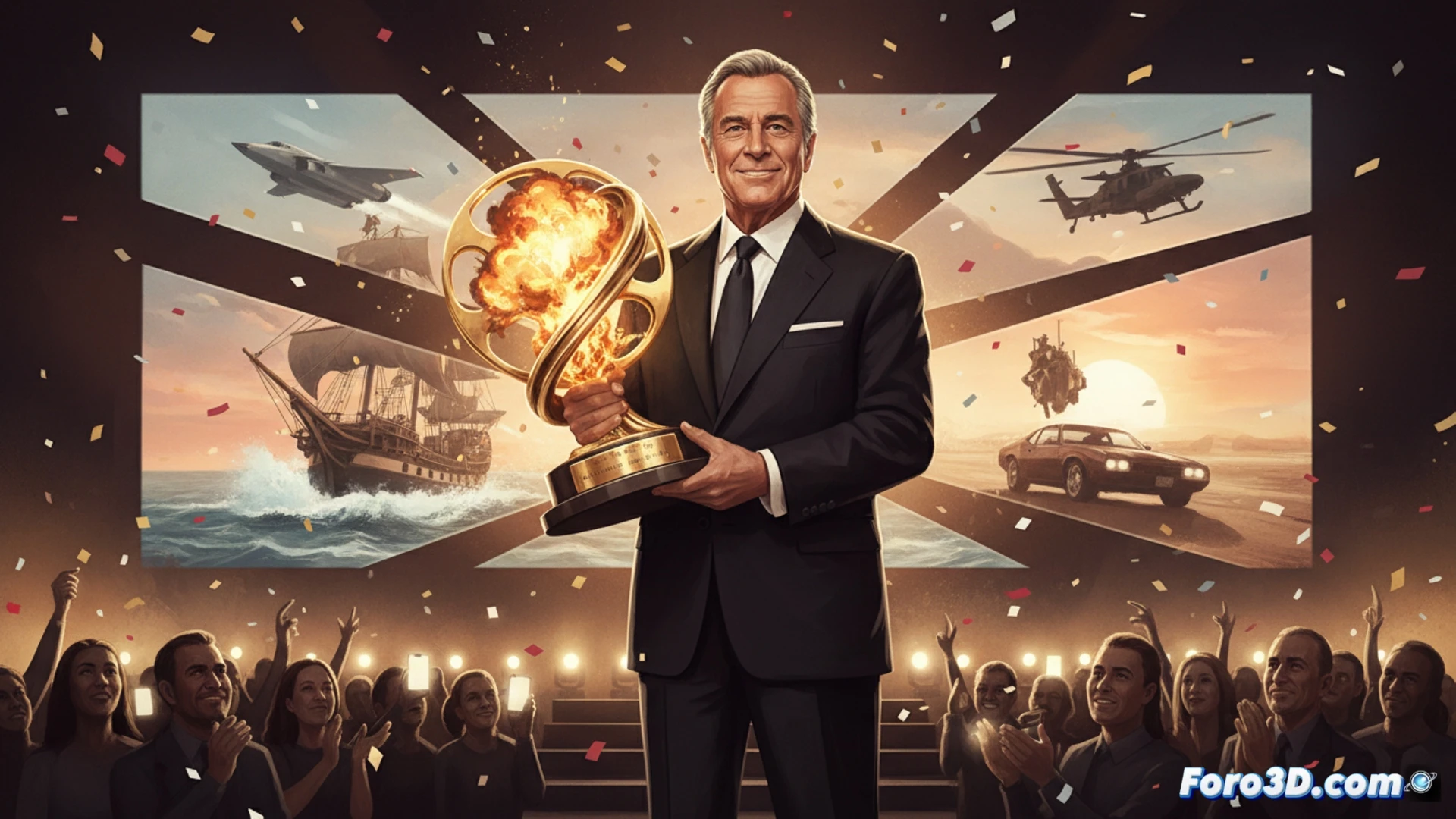 cinematic photorealistic scene of Jerry Bruckheimer standing on a film set holding a golden trophy, surrounded by massive practical explosion rigs and smoke machines activating during a take, camera crane arm lowering above him, monitor cart showing live playback of a high-speed car chase sequence, action movie lighting with intense backlight from fire effects and blue fill lights, ultra-detailed textures on leather jacket and metallic award, motion blur from smoke particles rising, dramatic wide-angle composition showing both the producer and the chaotic technical filmmaking process