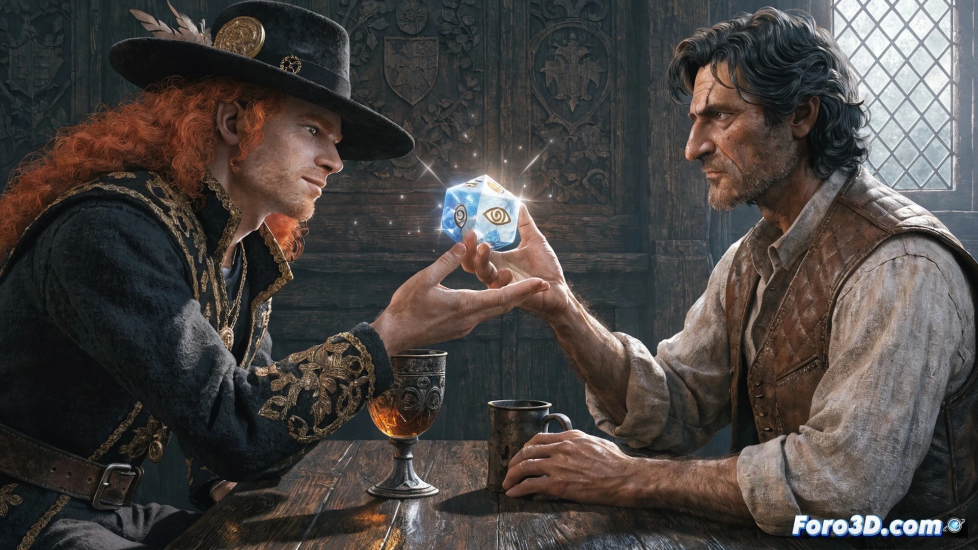 medieval tavern interior, wooden tables and candlelight, Jimbo character from Balatro sitting at a dice game, holding a special die with a jester face glowing, player hand reaching to pick up the die while dice scatter on table, demonstrating the dice selection mechanic during the free update quest, cinematic photorealistic style, warm amber lighting, detailed wood grain textures, leather pouches and tankards, dramatic shadows, ultra-realistic medieval RPG atmosphere, no text or numbers visible