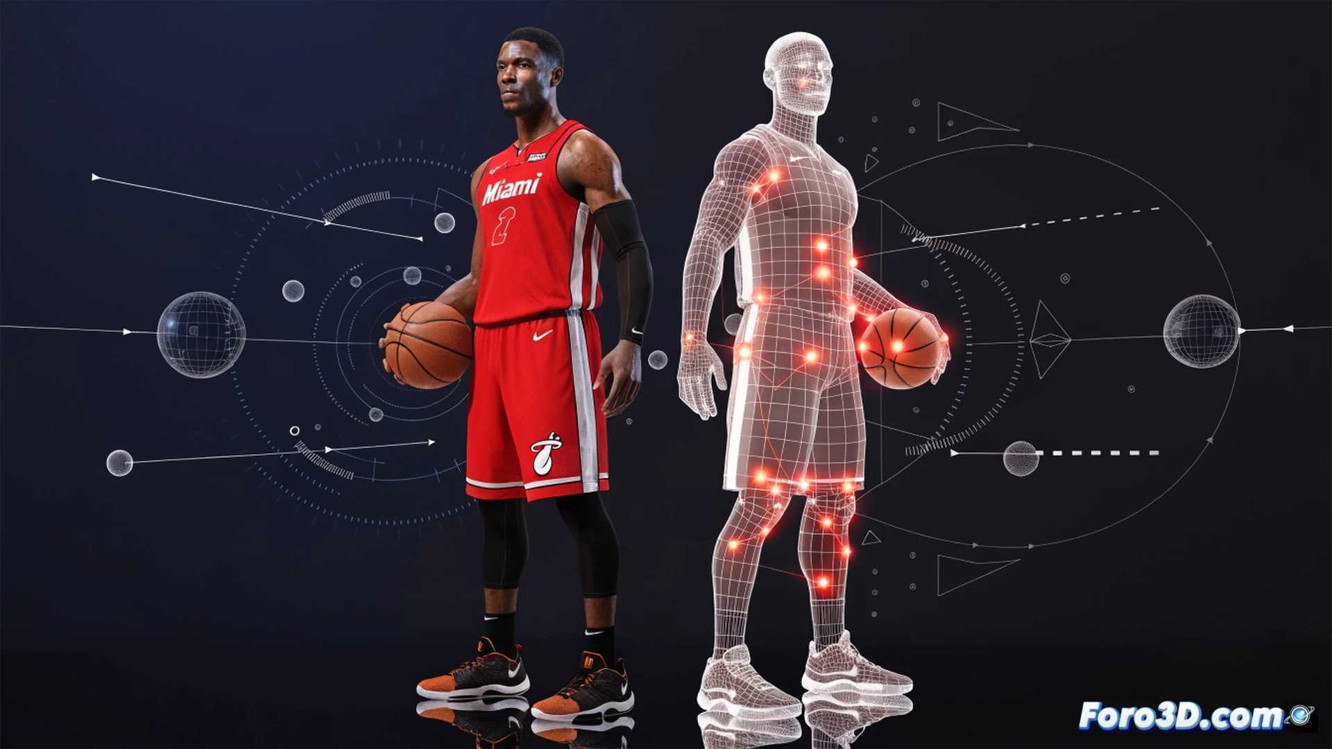 basketball player mid-air drive to the basket, defensive player sliding laterally to block, 3D skeletal wireframe overlay highlighting joint angles and torque vectors, red glow on player’s forearms and core showing muscle activation, blue trajectory lines from feet to rim, kinetic energy transfer diagram floating around the body, photorealistic engineering visualization, dark hardwood court with reflective surface, dramatic low-angle spotlight, motion blur on jersey, ultra-detailed muscle and bone structure under translucent skin, technical illustration style