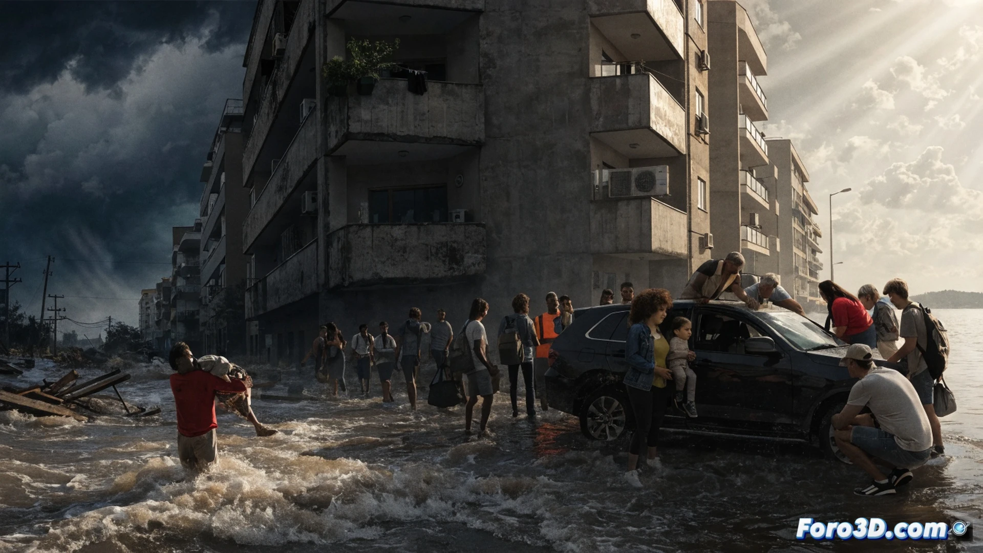 A flooded urban street in Cullera at dawn, dozens of volunteers in mud-stained boots passing buckets of debris hand-to-hand, a man pulling a wooden cart loaded with sandbags, while another holds a broken shovel, wet tire tracks on asphalt, damaged storefronts with piled furniture, cinematic photorealistic style, overcast grey sky, warm flashlight beams cutting through haze, wet reflective surfaces, gritty textures, human chain forming a visible line of action, dramatic documentary lighting, ultra-detailed fabric folds and mud splatters, emotional collective effort frozen in motion.