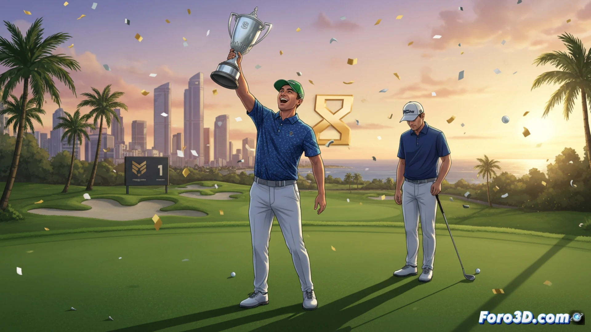 Professional golfer mid-swing on a sunlit fairway in Busan, South Korea, golf club head striking a white ball at impact, grass turf flying upward during the shot, crowd visible in soft-focus background, electronic leaderboard showing score details and prize money, caddie standing nearby holding a rangefinder, dramatic golden hour lighting, cinematic sports photography style, high contrast shadows, shallow depth of field emphasizing the athlete and equipment, photorealistic technical visualization, crisp details on club grooves and ball dimples.