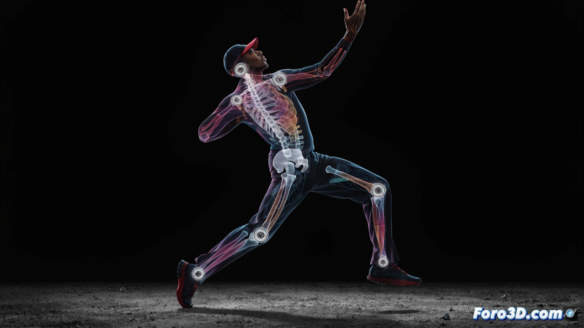 biomechanical analysis of Jofra Archer cricket bowling action, high-speed sequence showing hip rotation during delivery stride, shoulder girdle rotation while arm accelerates overhead, wrist snap at ball release moment, motion capture markers on joints tracking angular velocity, ghosted skeletal overlay showing scapular movement, force vectors radiating from front leg during landing, engineering visualization with wireframe biomechanical grid, cinematic lighting on athletic musculature, photorealistic technical illustration, dramatic low angle capturing explosive power