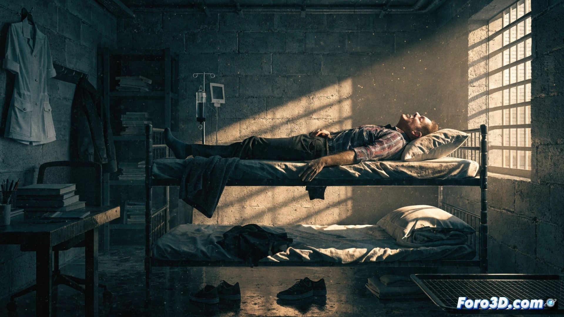 prison cell medical emergency scene, actor John Alford collapsed on floor clutching chest, prison guard entering room while medical alert system flashing red, cardiopulmonary resuscitation equipment visible on wall, cardiac monitor showing flatline, exposed brick cell wall with institutional green paint, cinematic photorealistic style, dramatic overhead fluorescent lighting casting shadows, clinical atmosphere, technical medical documentation aesthetic, hyperdetailed textures on prison uniform and medical devices, realistic anatomical distress posture, cold blue-white color palette