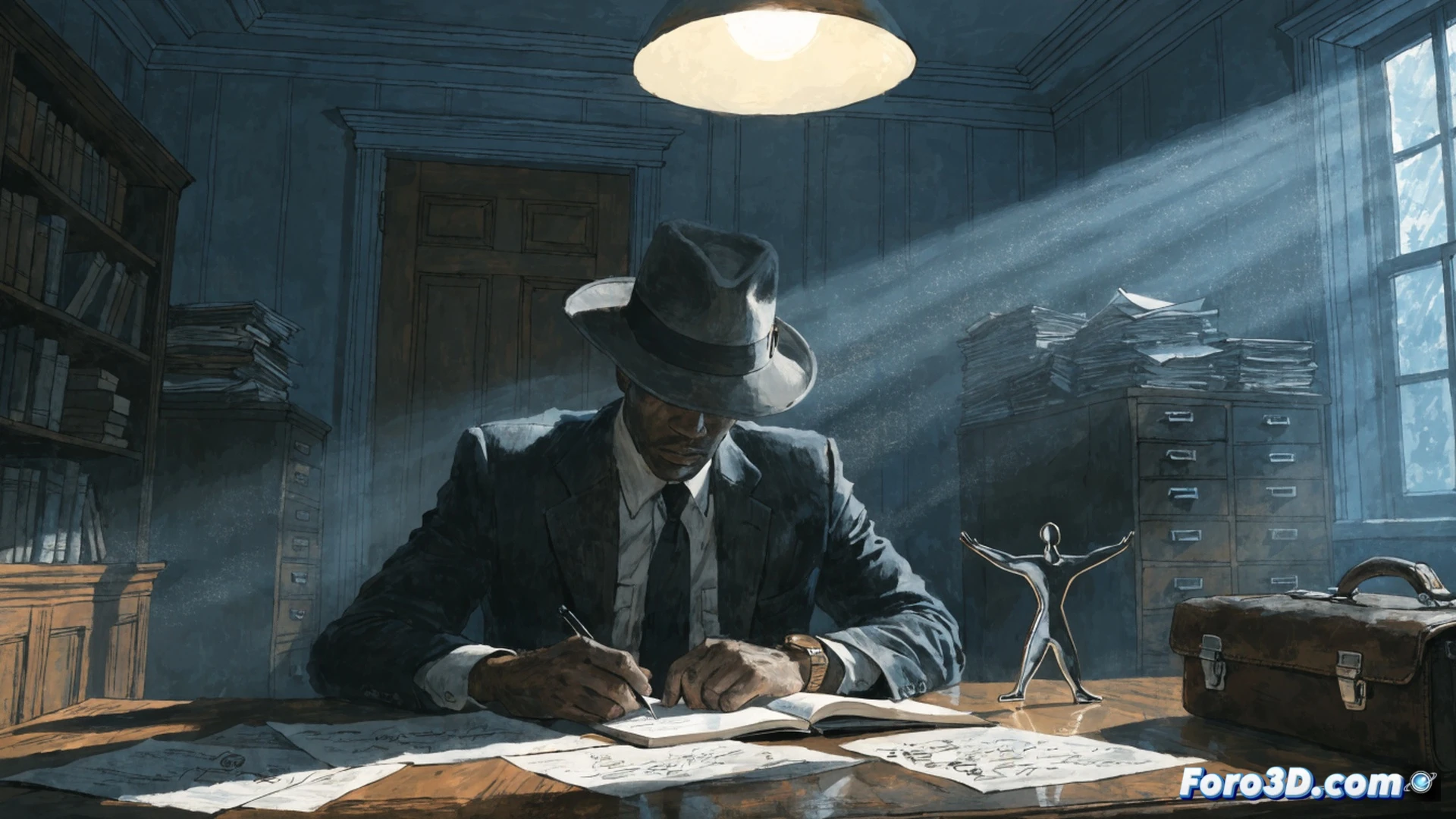 1970s comic book detective Johnny Double standing awkwardly in a dimly lit office, pulling a cheap costume from a cardboard box, mismatched gloves and frayed cape, dusty filing cabinets and a flickering fluorescent light overhead, technical illustration style, muted sepia tones, grainy texture, visible printing halftone dots, abandoned desk with scattered case files and a rotary phone, dramatic low-angle shot, emphasizing his clumsy transformation, photorealistic comic book render, worn vinyl flooring, shadows stretching across the room