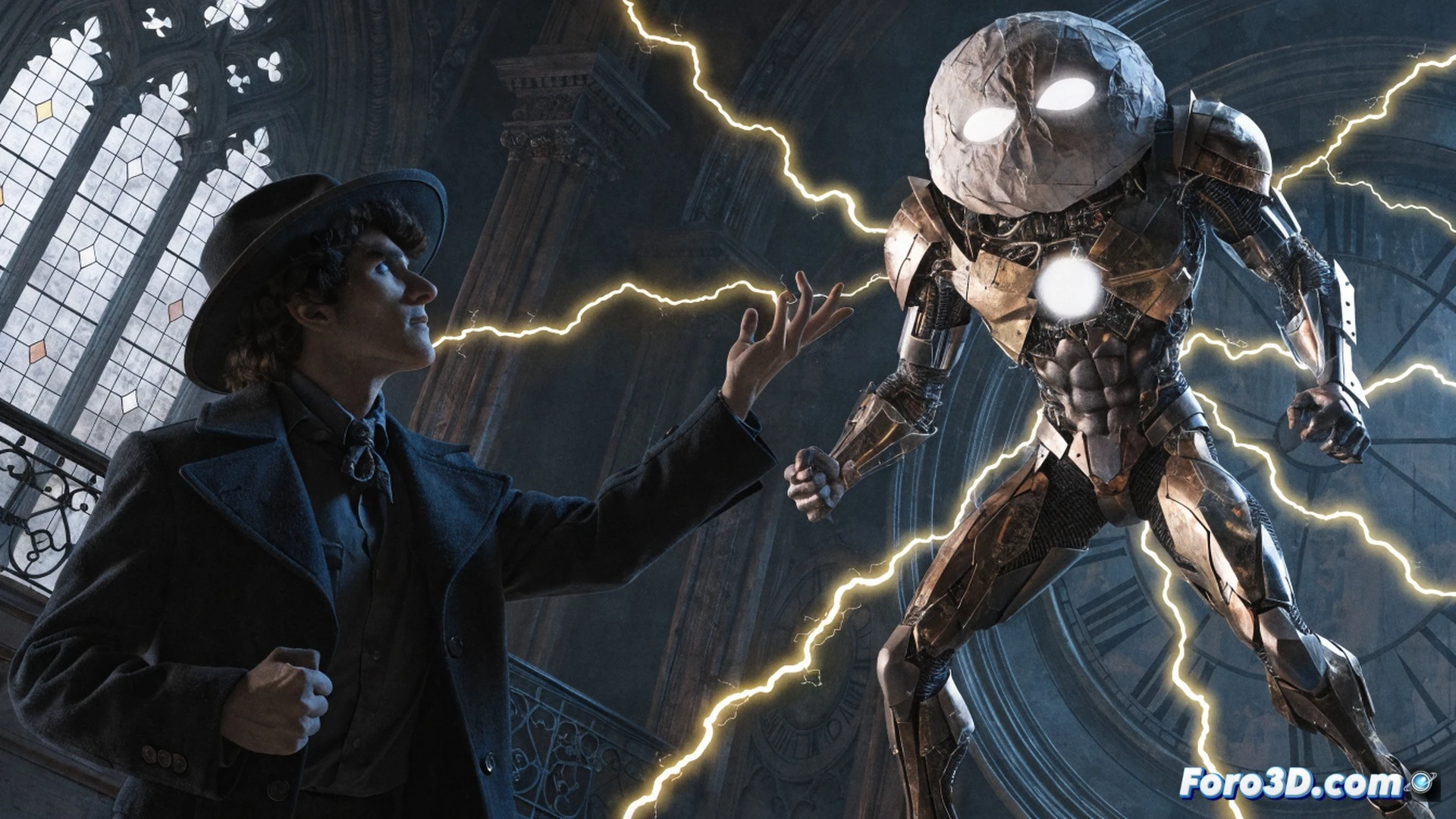 retro comic book panel of a clumsy young man in a 1940s suit accidentally summoning a glowing blue genie from a magical thunderbolt, the genie mid-flight with electrical energy arcing around its fists, vintage printing dots texture, sepia and cyan tones, dramatic chiaroscuro lighting, thick ink lines, action showing the genie bursting from a vintage radio set while the man fumbles with a broken antenna, technical illustration style with visible halftone screen patterns, aged paper grain, cinematic composition with forced perspective, glowing lightning trails forming geometric patterns, photorealistic render of the magical energy interacting with period-appropriate electronic components