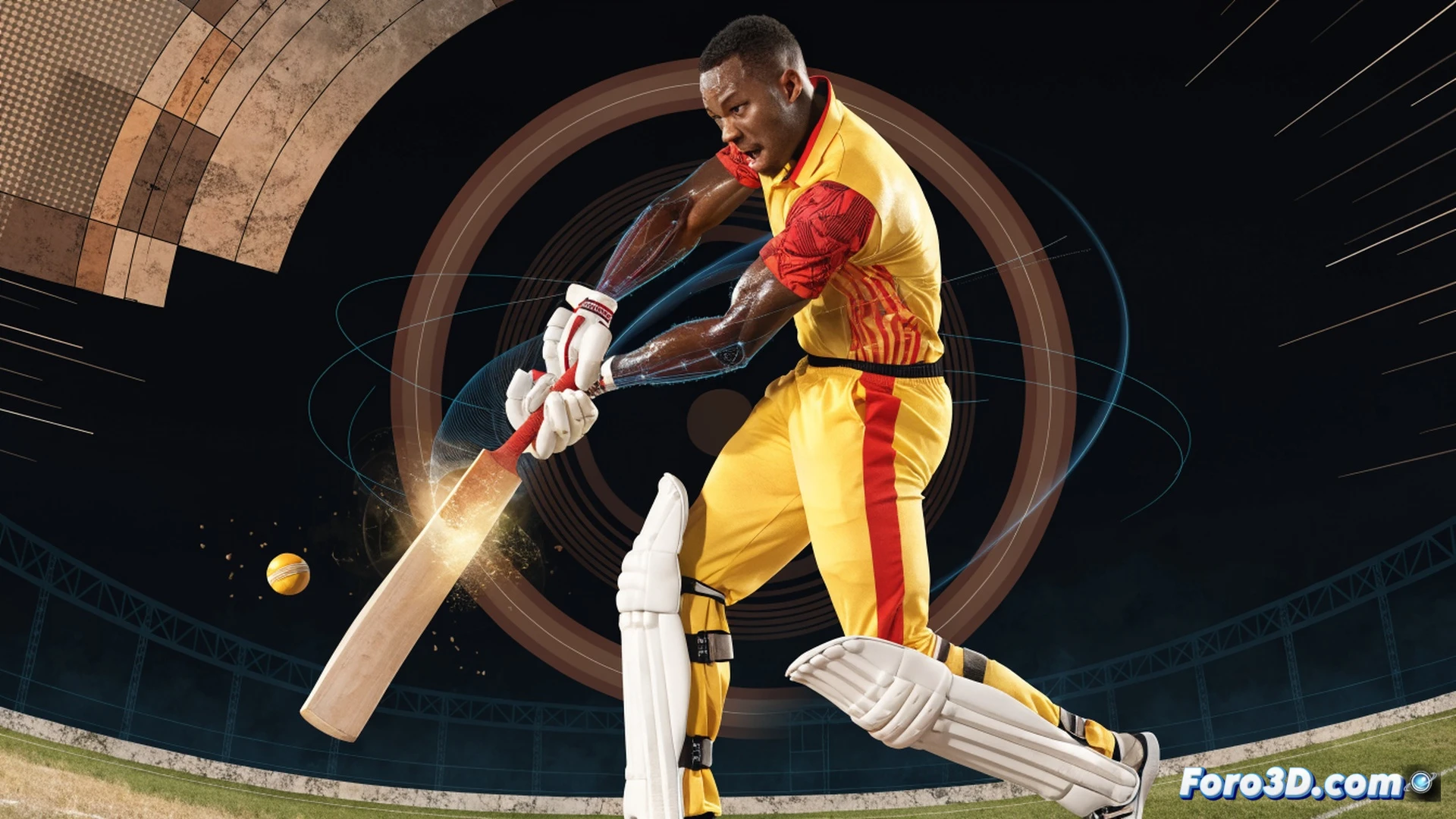 Johnson Charles mid-swing in a biomechanics lab, bat striking a cricket ball at 145 km/h, motion capture markers on his shoulders and hips tracking rotational torque, high-speed camera rigs capturing bat angle and wrist snap, 3D skeletal overlay showing kinetic chain from back foot to bat face, force plate beneath his front foot measuring ground reaction, photorealistic engineering visualization, dramatic stadium lighting, sweat droplets frozen mid-air, ultra-detailed muscle tension in forearms, cinematic technical render