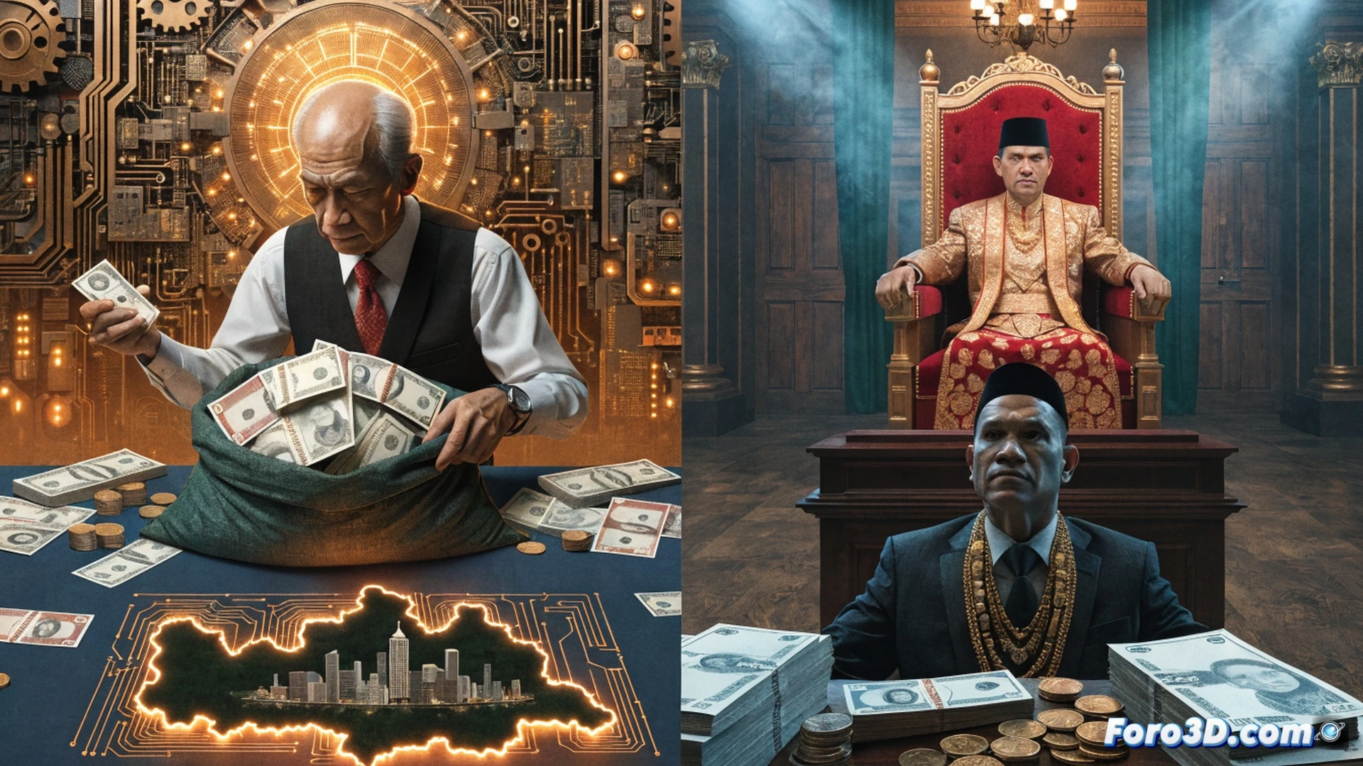 Johor state map being balanced on a federal scale, one side overflowing with gold ringgit coins labeled federal funds while the other side holds a smaller stack, Anwar Ibrahim pointing at the scale with a document showing 16 billion versus 14 billion numbers, photorealistic technical illustration, government office background with policy charts, dramatic top-down lighting, precise financial visualization, clean corporate aesthetic, ultra-detailed currency textures, professional analytical scene