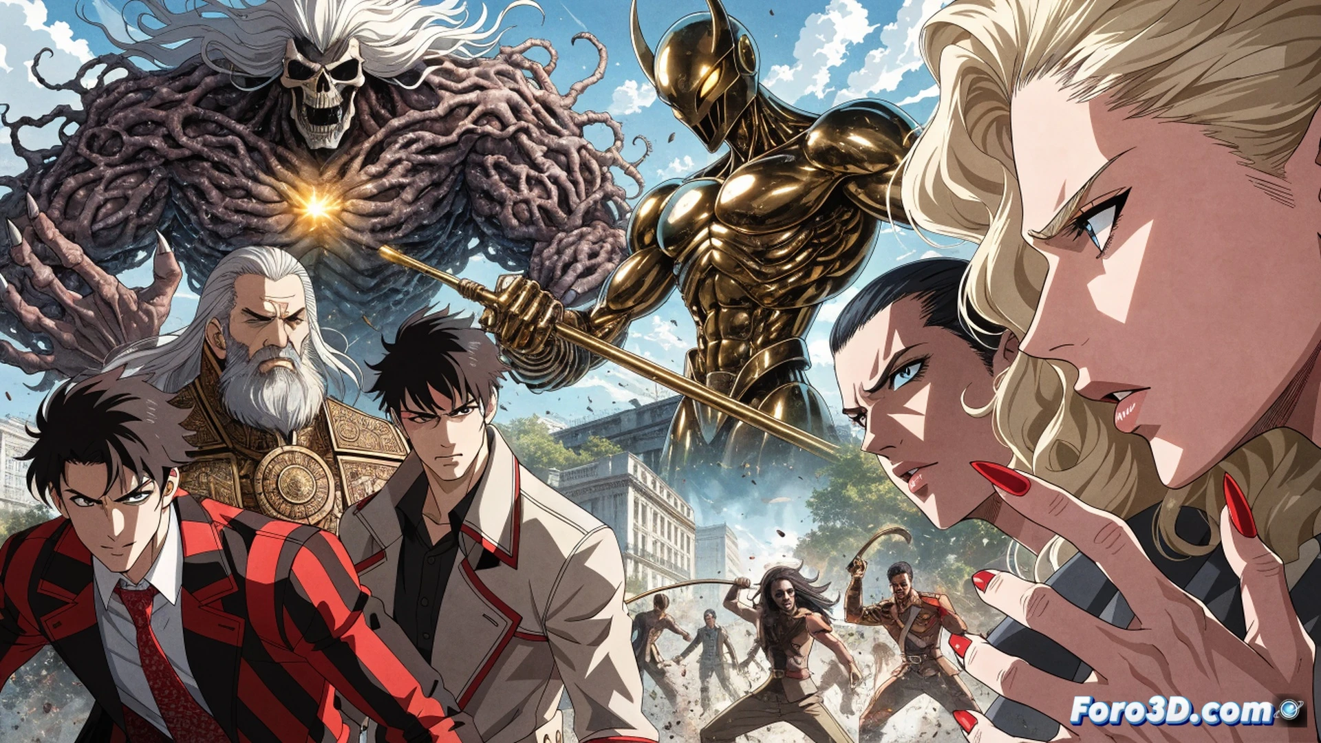 Three generations of Joestar family members mid-battle, each manifesting a unique Stand entity, a muscular humanoid figure shattering a concrete wall with a glowing punch, a spectral purple arm phasing through a metallic car door, a golden armored figure deflecting energy beams with a reflective barrier, cinematic manga-inspired action pose, debris frozen mid-air, dynamic motion lines, dramatic chiaroscuro lighting, vibrant neon and shadow contrast, ultra-detailed muscle anatomy and Stand designs, high-contrast comic book aesthetic, photorealistic digital painting with ink brush textures