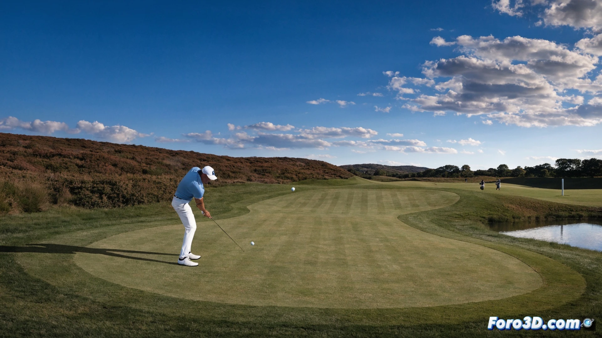 Jon Rahm swinging a golf club on Shinnecock Hills fairway, ball mid-flight with perfect trajectory over undulating green, golf club head showing precise impact angle, grass divots flying during follow-through, bright sunlight casting sharp shadows on bunkers, wind flags indicating breeze direction, photorealistic cinematic sports visualization, dramatic sky with dynamic clouds, hyper-detailed turf texture, motion blur on club and ball, technical focus on swing mechanics and ball spin, ultra-realistic lighting emphasizing muscle tension and control