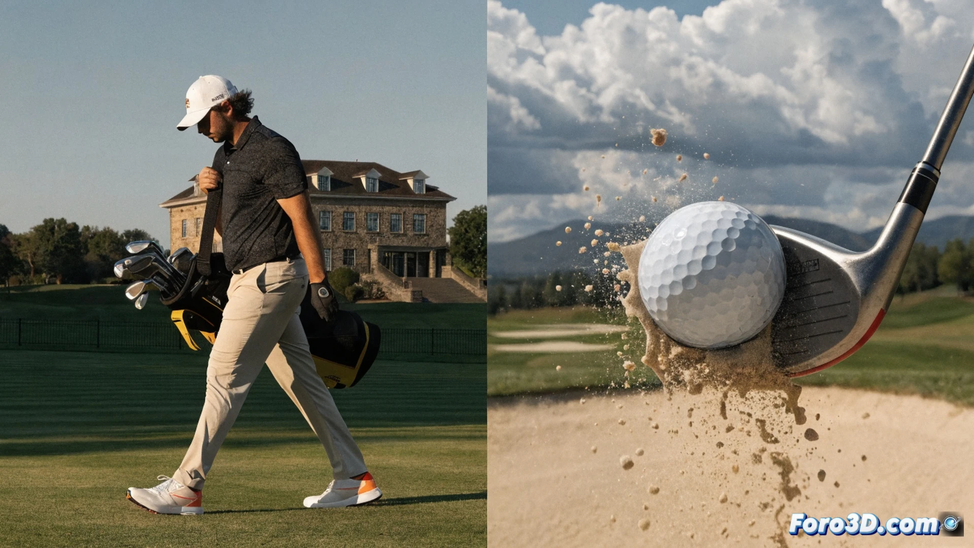 golpe de swing de golfista frustrado en rough alto de US Open, cara de club impactando césped grueso levantando tierra y raíces, bola desviada saliendo hacia bunker de arena profundo, marcador de líder visible al fondo mostrando nombre Rahm con puntuación roja de +6, caddie agachado analizando lie complicada, estadio de golf neoyorquino con gradas vacías y nubes oscuras, iluminación dramática de atardecer dorado, estilo cinematográfico fotorrealista, textura detallada de hierba y arena, lente gran angular con profundidad de campo, sensación de derrota deportiva técnica