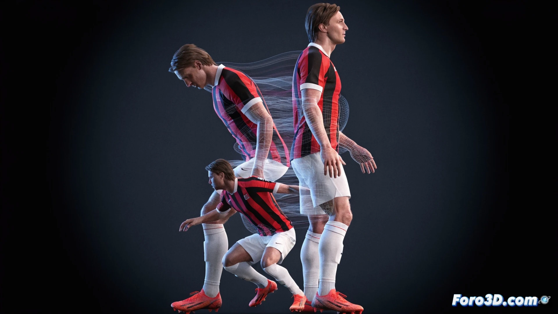 centrocampista alemán Jonas Hofmann en acción táctica 3D, mostrando movimiento sin balón durante pase filtrado en campo del Bayer Leverkusen, líneas de visión y trayectorias de pase marcadas con vectores luminosos, lectura de espacios entre defensores rivales, terreno de juego con marcas tácticas digitales superpuestas, render técnico fotorealista con iluminación de estadio, cámara en ángulo isométrico, visualización de datos de rendimiento en tiempo real, estilo cinematic sports analysis