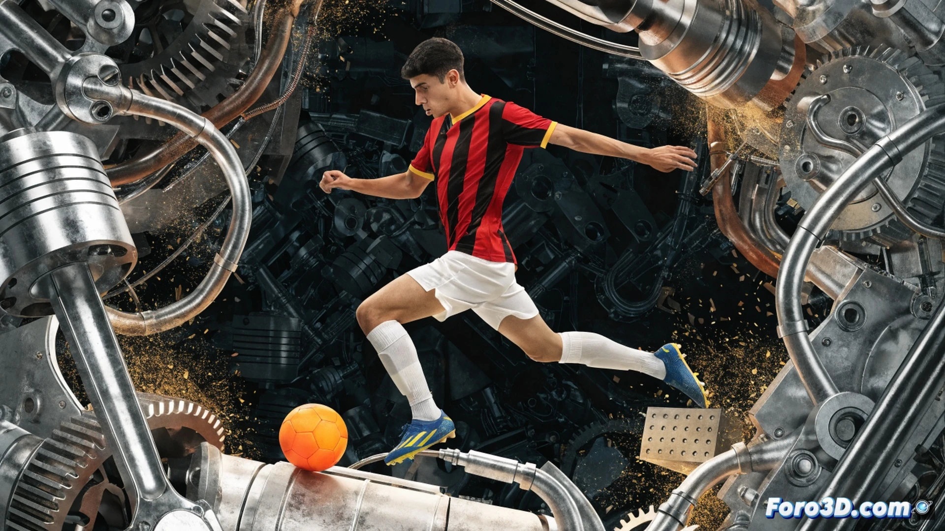 young football midfielder João Neves in action during a match, wearing Benfica kit, performing a tactical press while scanning the field, GPS tracking data overlay on his movement pattern showing heatmap and running trajectories, diesel engine metaphor visualized as mechanical gears and pistons integrated into his legs, precise short pass connection to a teammate, cinematic sports photography style, high contrast lighting, green pitch with stadium background, motion blur on ball, technical illustration with glowing tactical lines and data points, photorealistic render