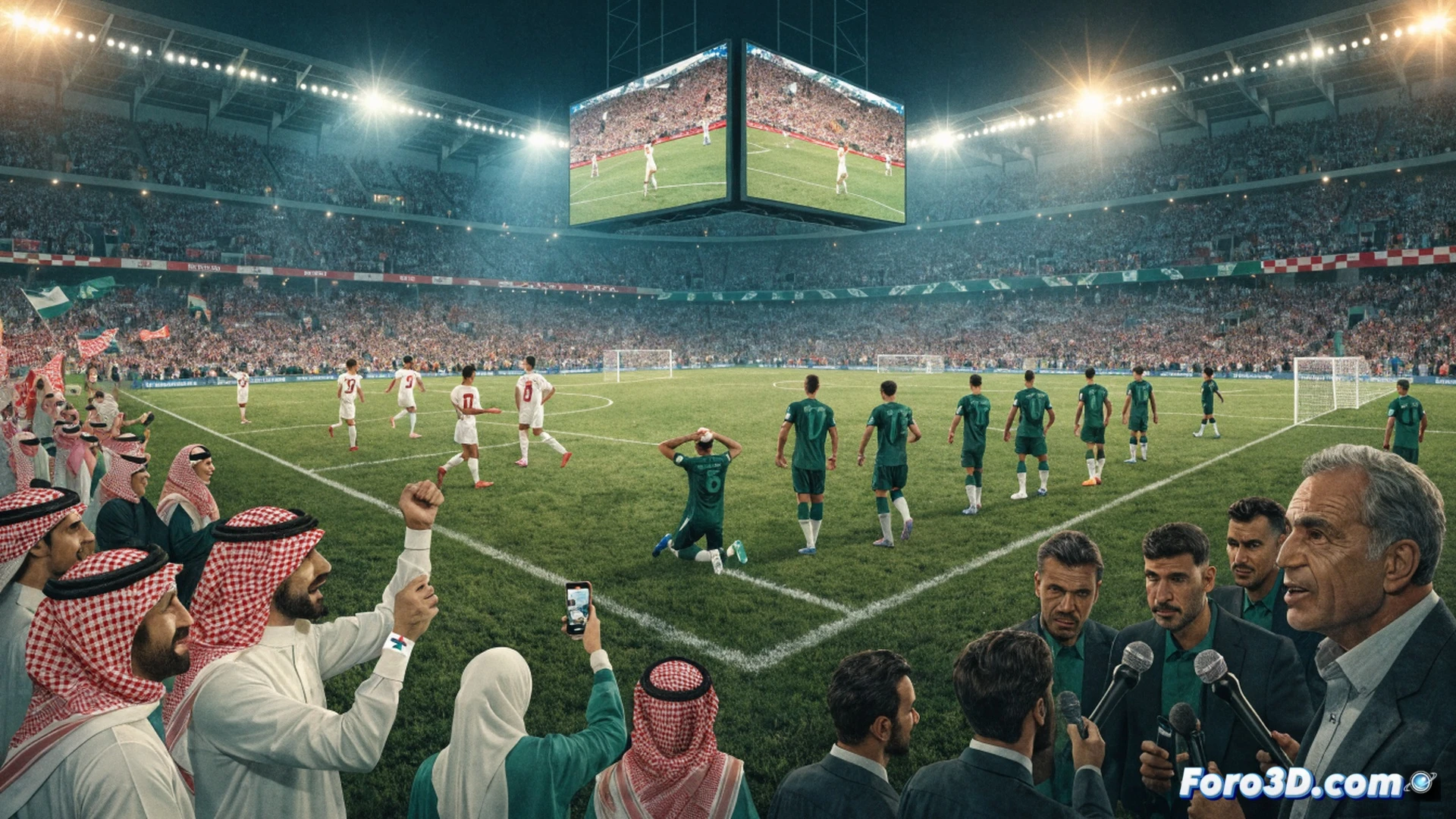 Jordanian football players in red and white jerseys defending against an Algerian corner kick, ball curving into the penalty area, defensive line jumping to head the ball, goalkeeper diving mid-air, stadium floodlights casting dramatic shadows, grass blades and sweat droplets visible, cinematic sports photography style, 4K photorealistic, motion blur on ball trajectory, intense facial expressions, packed stands with waving flags in background, high-contrast lighting, ultra-detailed athletic movements, technical action freeze-frame