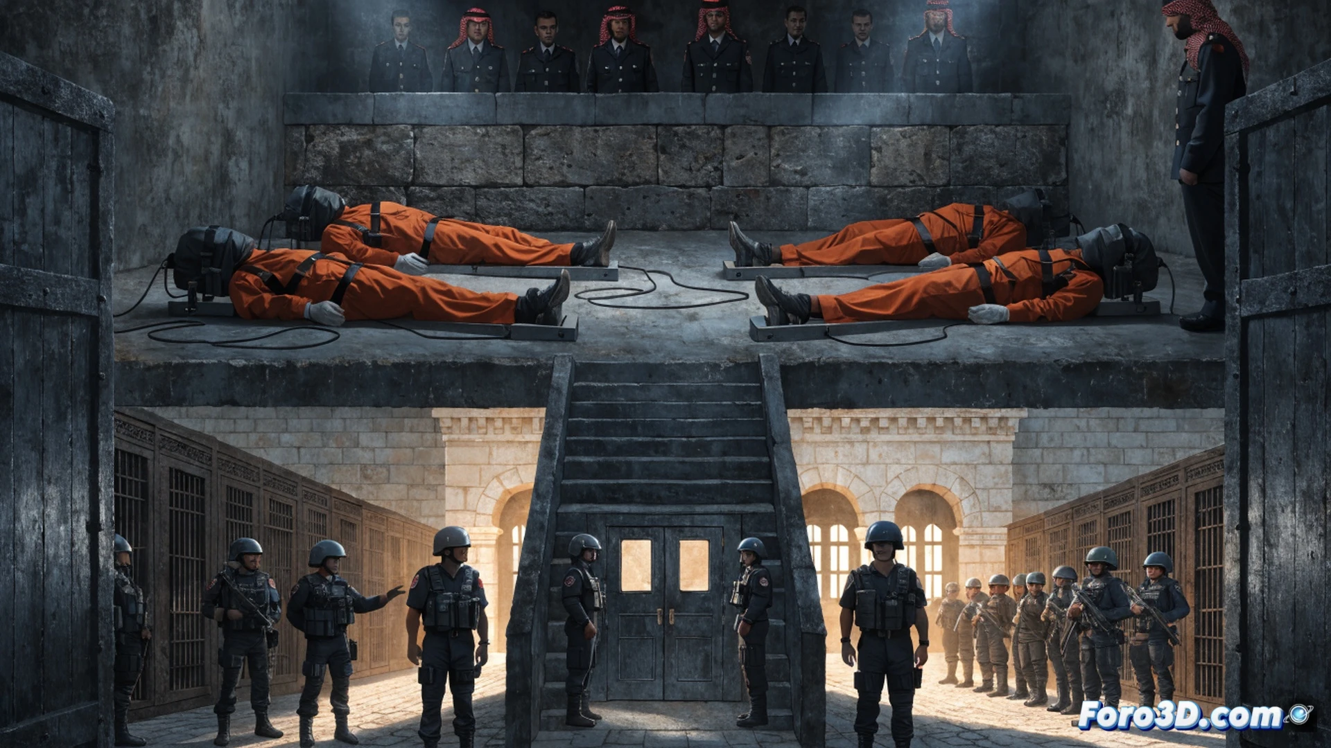 six hooded figures in orange prison uniforms standing rigidly against a concrete execution wall, armed guards in tactical gear securing the perimeter, prison officials observing from a control booth with monitors showing surveillance feeds, harsh fluorescent lights casting stark shadows, cinematic photorealistic style, cold blue-gray color palette, sterile industrial interior, chains hanging from ceiling hooks, reinforced steel doors in background, documentary crime scene aesthetic, ultra-detailed textures of concrete and metal, dramatic chiaroscuro lighting emphasizing solemn finality