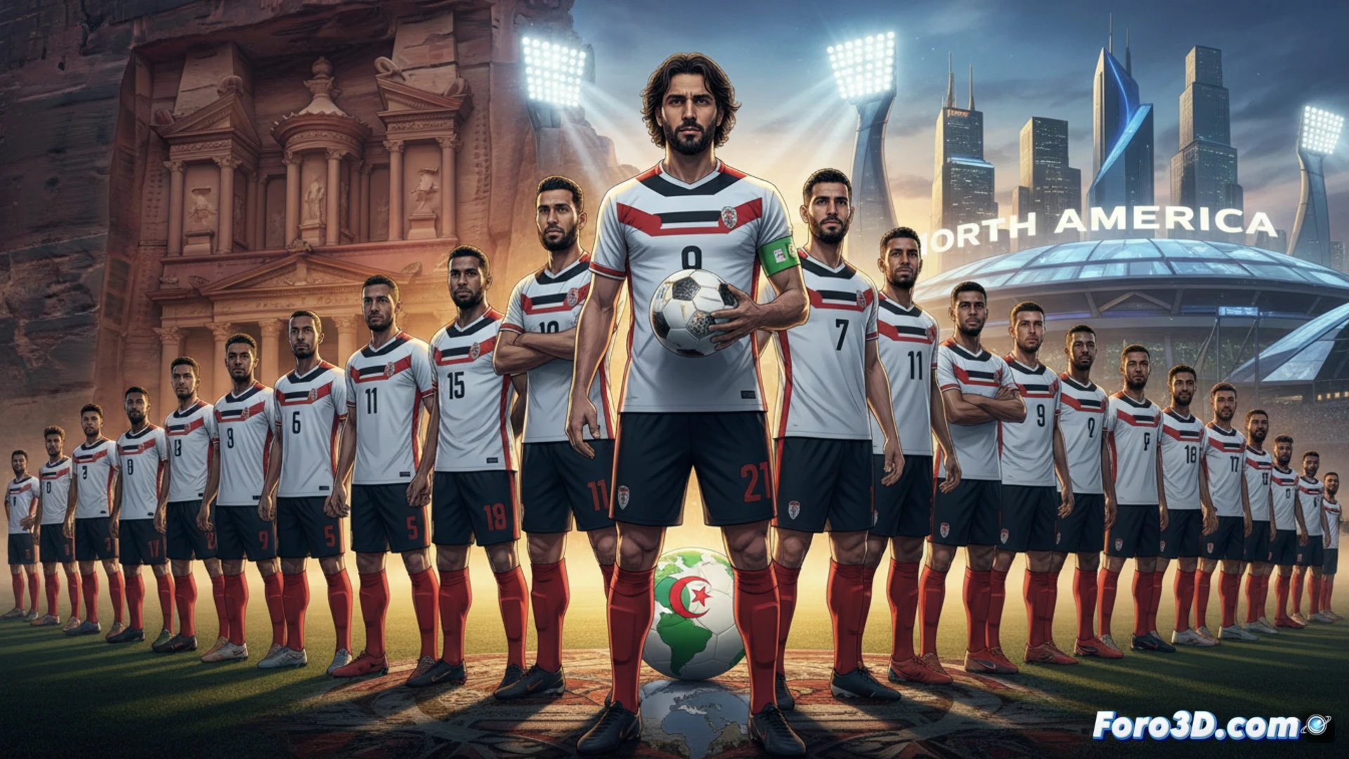 Jordanian national football team in white and red kits huddling fiercely before a match, captain Mousa Al Tamari holding a glowing tactical tablet showing group-stage formations against Argentina, Austria, and Algeria, stadium lights illuminating the pitch, coach Jamal Al Salami pointing at a digital tactical board with animated player trajectories, cinematic sports visualization, photorealistic render, dramatic low-angle shot, sweat and tension visible on faces, dynamic team spirit, ultra-detailed stadium architecture