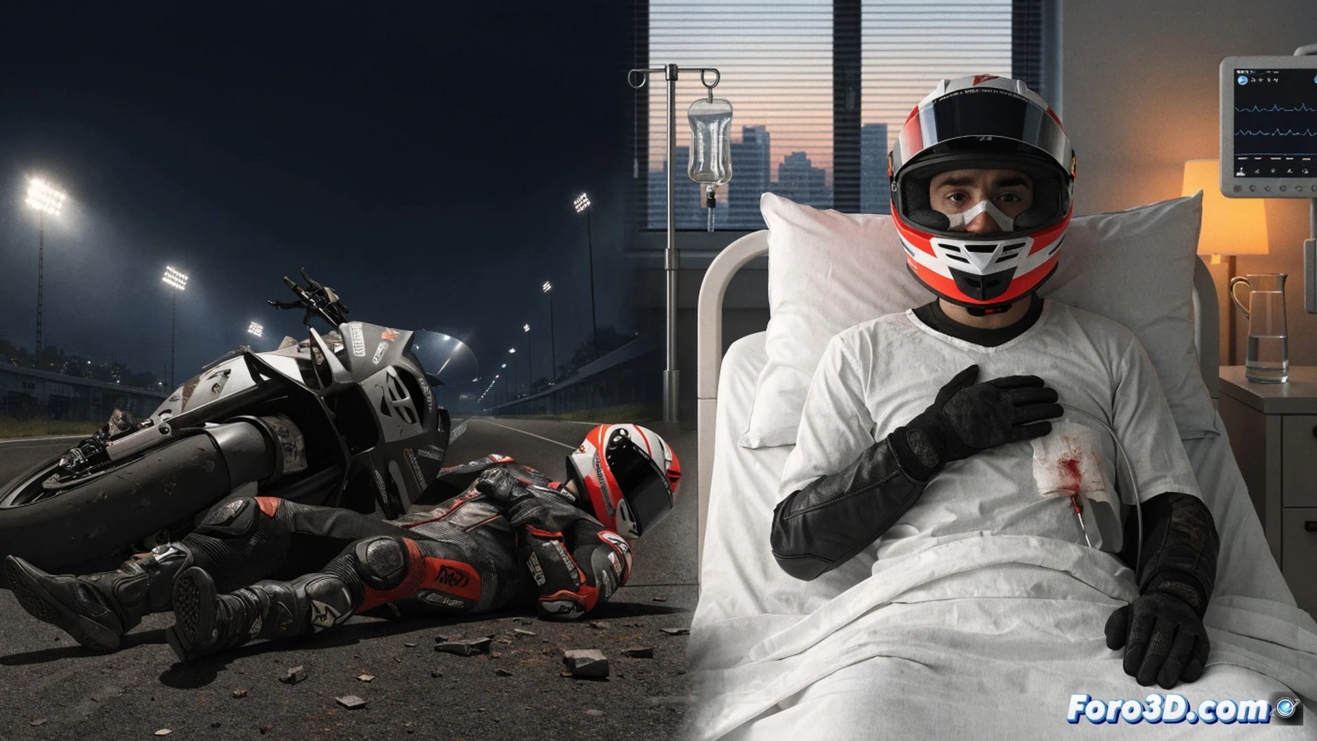 MotoGP rider mid-crash during Qatar race, motorcycle sliding sideways with sparks flying, rider airborne with body twisted, carbon fiber suit tearing, eleven broken ribs visualized as glowing fracture lines across torso, lung collapse shown as translucent blue shadow over chest cavity, medical telemetry data streams floating beside the body, Aprilia racing bike in sharp focus, dark desert track at night, floodlights creating harsh shadows, cinematic photorealistic style, extreme motion blur on wheels, debris particles suspended in air, dramatic red and blue emergency lights in background, ultra-detailed leather texture, technical injury visualization overlay