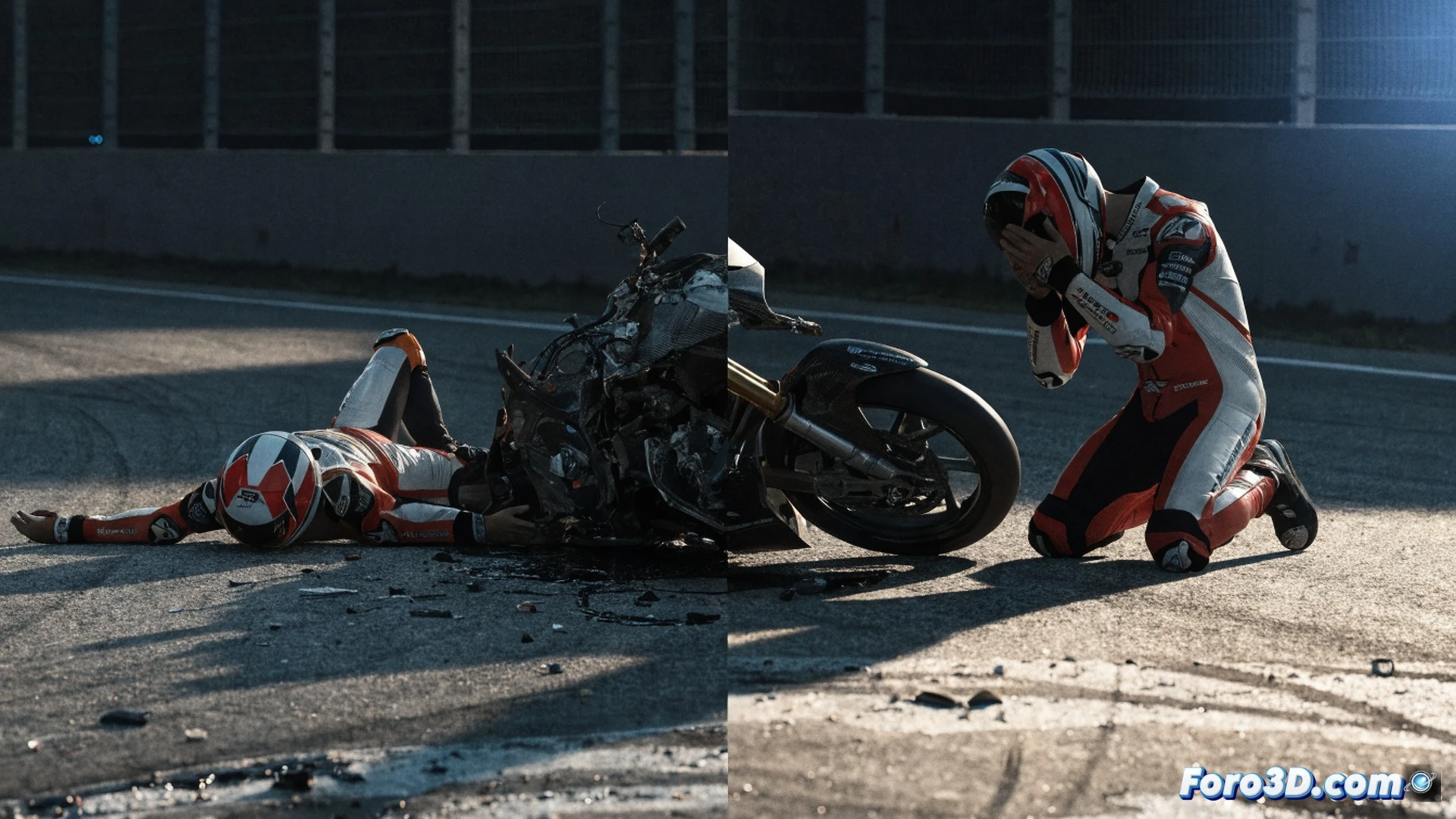 MotoGP crash sequence at Hungaroring turn one, Jorge Martín's Ducati sliding sideways on degraded asphalt, front wheel detached and sparks flying, rear tire smoking against rough tarmac, multiple bikes tangled in background, marshal running with red flag, pit lane penalty board visible, cinematic photorealistic engineering visualization, dramatic low-angle shot, motion blur on debris particles, harsh sunlight creating deep shadows on damaged fairings, ultra-detailed track surface texture, realistic crash dynamics, high-speed action frozen in time
