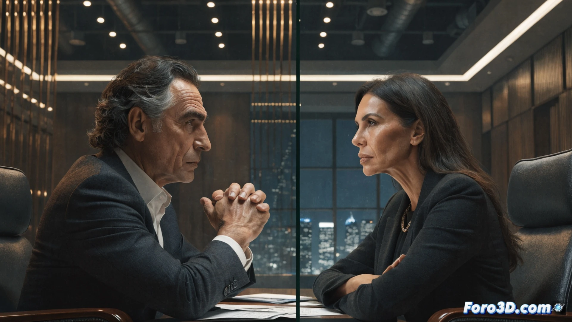 medium shot of a man in a dark suit holding a smartphone with a legal document icon on the screen, while a woman in the background speaks into a microphone, a lawyer figure stands beside the man gesturing for silence, scattered paper sheets with red stamps fly between them, cinematic photorealistic style, law office interior with blurred bookshelves, dramatic side lighting casting long shadows, metallic desk with a pen and a closed laptop, tension visible in body language, ultra-detailed textures on suit fabric and paper, realistic legal document simulation