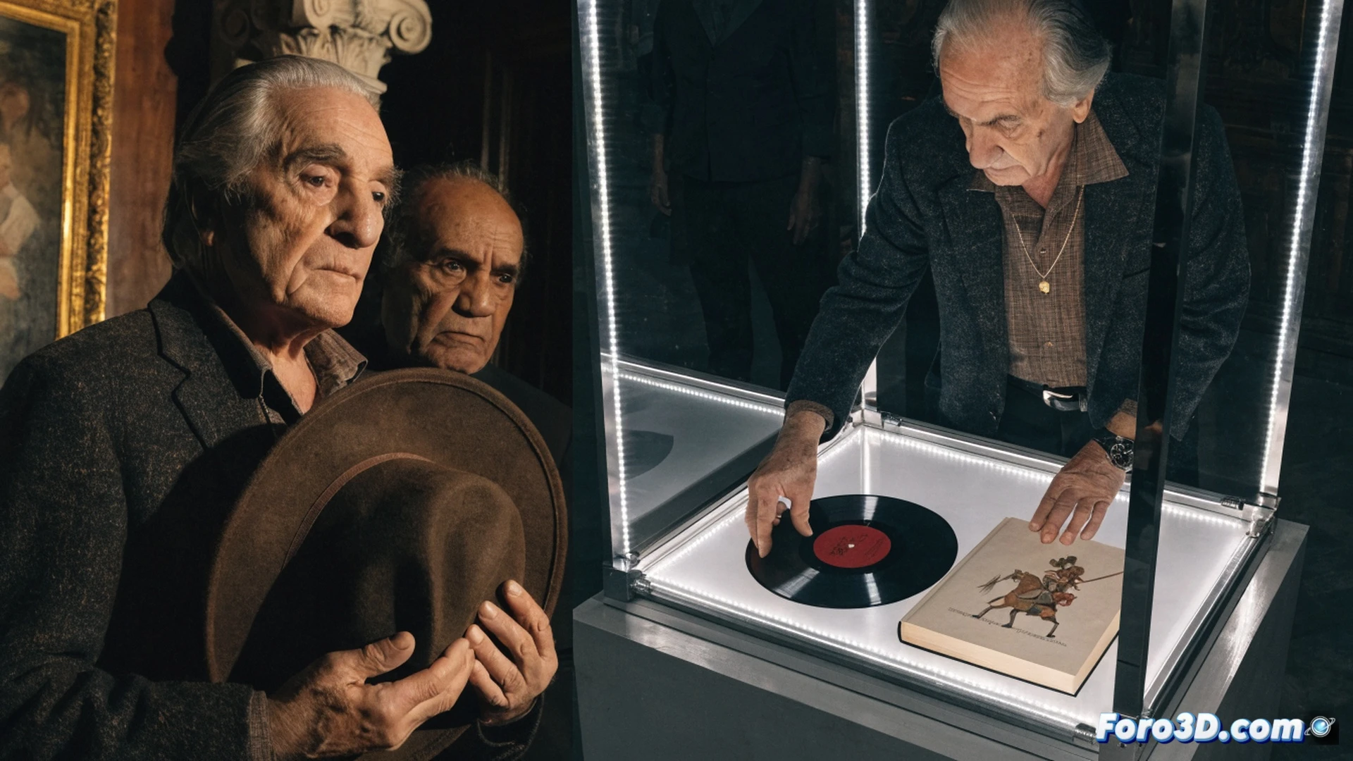 aging actor Jose Sacristan placing a worn wool hat into a steel safe deposit box inside the Instituto Cervantes vault, a copy of Don Quijote and a vinyl record beside him, soft archival lighting, photorealistic technical illustration, hands gently depositing the hat, dust particles floating in the beam, brass handle and numbered lock visible, deep shadows, cinematic composition, emotional preservation gesture, ultra-detailed textures on hat fabric and metal surfaces