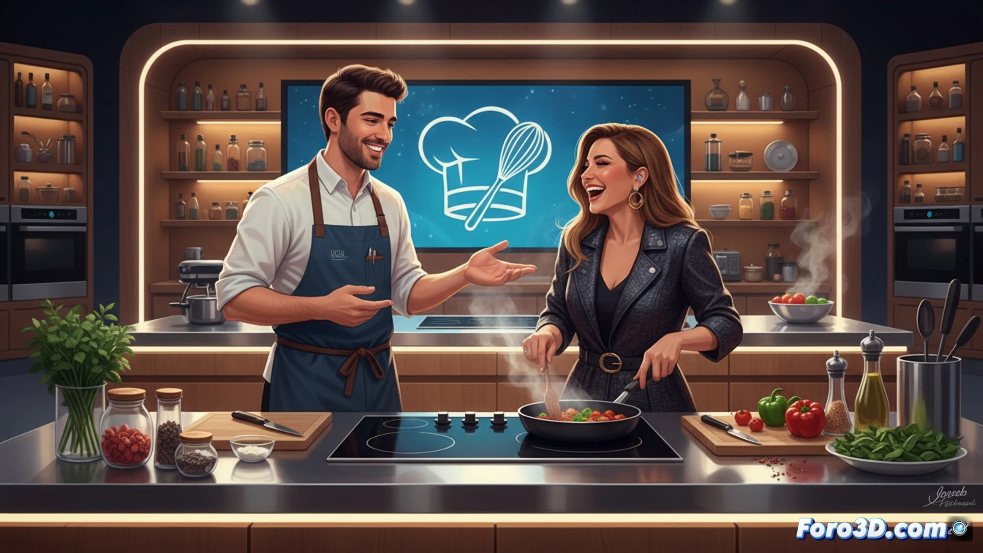 Joseba Arguiñano sonríe en una cocina moderna, con invitados famosos a su lado, platos coloridos y un estilo juvenil.