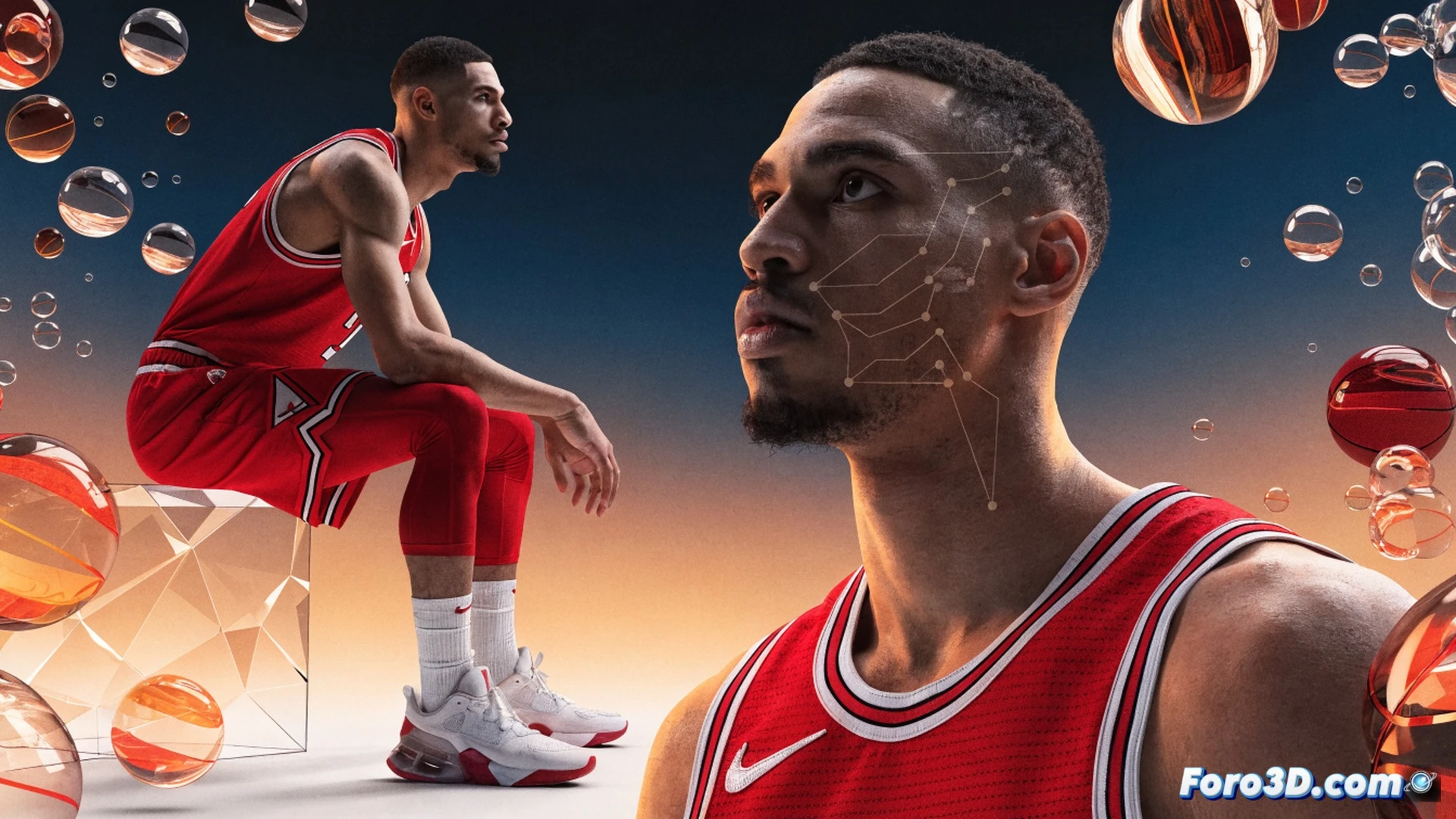basketball court scene, Josh Giddey in slow motion dribbling past defenders, 2.03m tall frame with relaxed posture, no explosive jump but smooth tempo, his eyes scanning the court with wide peripheral vision, glowing red trajectory lines from his no-look pass threading through three defenders, biomechanical overlay showing reduced vertical force in his legs, blue neural network visualization around his head indicating anticipatory processing, Chicago Bulls jersey, professional arena lighting, photorealistic technical illustration, cinematic depth of field, motion blur on defenders while Giddey remains sharp