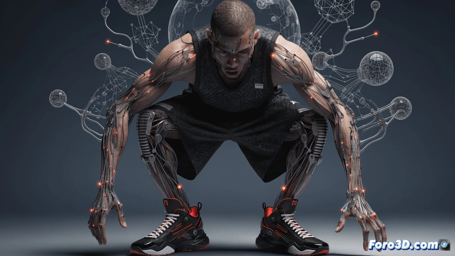 biomechanical basketball player hybrid figure mid-air rebounding, transparent 3D wireframe skeleton exposed, robotic arm reaching for ball while leg joints rotate with hydraulic pistons, motion capture markers glowing on limbs, court floor showing trajectory lines and force vectors from sprinting start, technical engineering visualization with exploded view of knee and shoulder components, carbon fiber texture on bones, blue and orange data streams wrapping around torso, photorealistic sports science render, dramatic stadium lighting, high-speed freeze-frame action