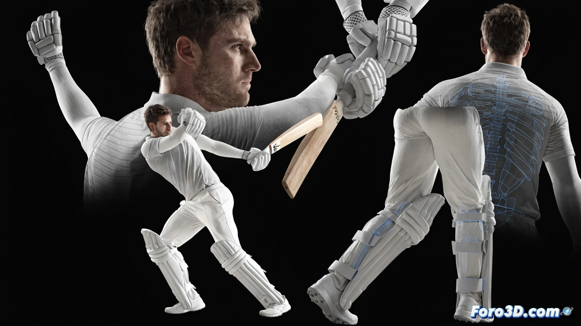 cricket batter Josh Philippe in mid-swing during a powerful drive, 3D motion capture markers on his shoulders hips and knees, glowing wireframe skeleton tracking his weight transfer from back foot to front foot, bat angle measured by translucent protractor overlay, trajectory lines showing bat swing path, stadium background blurred, cinematic sports science visualization, blue and orange neon highlights on his silhouette, photorealistic technical render, high-speed shutter effect freezing sweat droplets and turf particles
