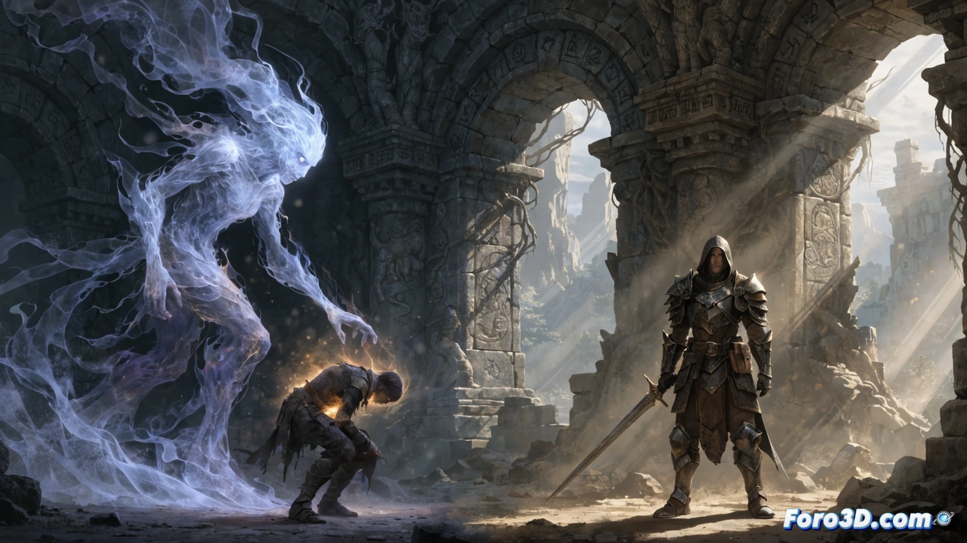 cinematic wide shot of a medieval fantasy spirit draining a glowing blue energy from a kneeling warrior's chest, the warrior gripping a sword with visible strain, ethereal chains wrapping around his armor, dim torchlight casting long shadows, stone dungeon walls, particles of light fading from the warrior, dramatic tension, photorealistic technical illustration, detailed armor textures, fog and dust motes in air, high contrast chiaroscuro lighting, unreal engine 5 style render