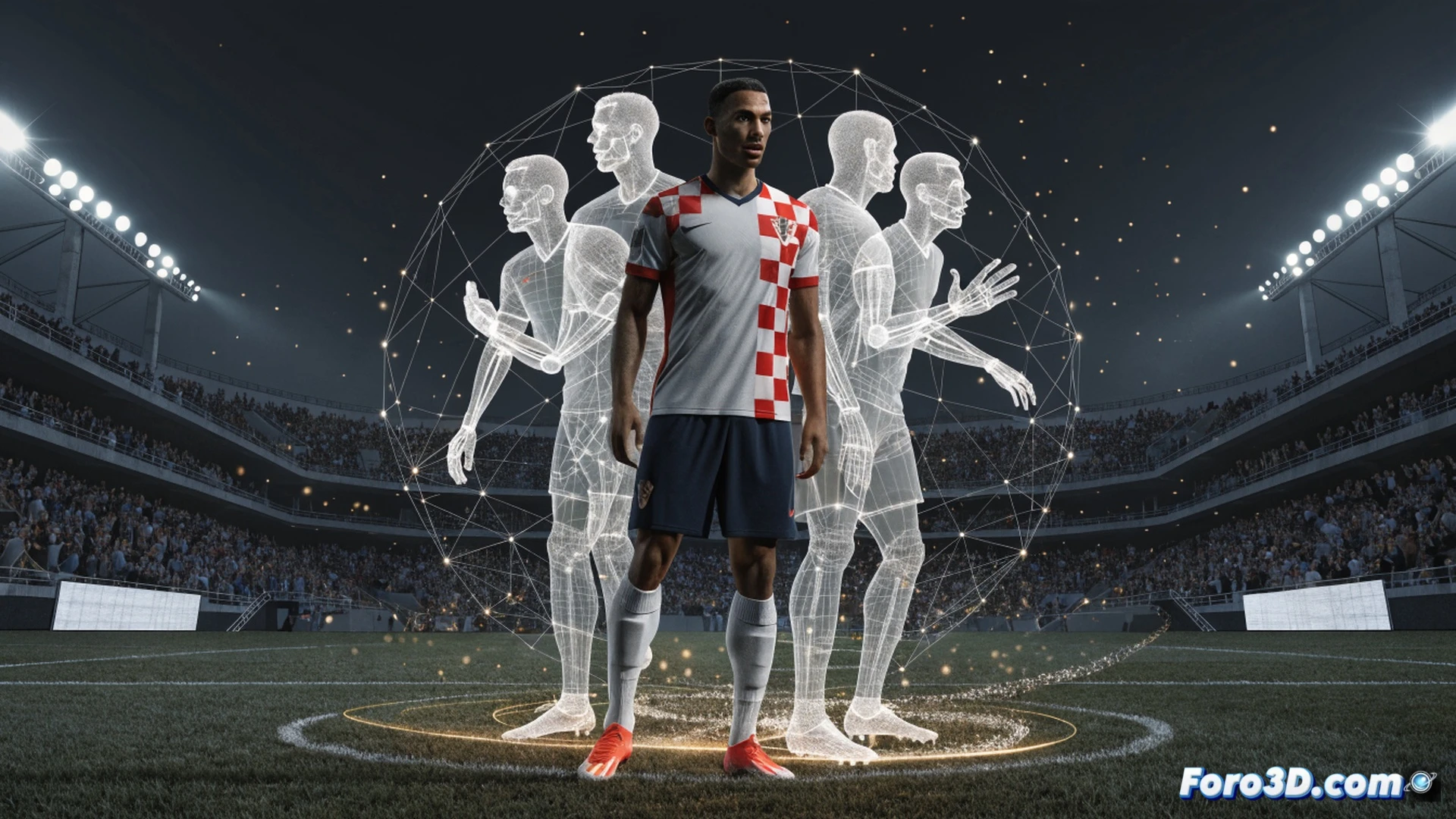 cinematic 3D analysis scene showing a football player in defensive stance, tracking an opponent without the ball, pressure applied in the opponent half, tactical reading of play unfolding, player silhouette with glowing biomechanical wireframe overlay, transparent blue tactical lines connecting player position to teammates, green heatmap zones on the pitch indicating defensive coverage, realistic stadium lighting, dynamic motion blur on legs, high-tech sports science visualization, photorealistic engineering render, dark background with subtle stadium crowd blur