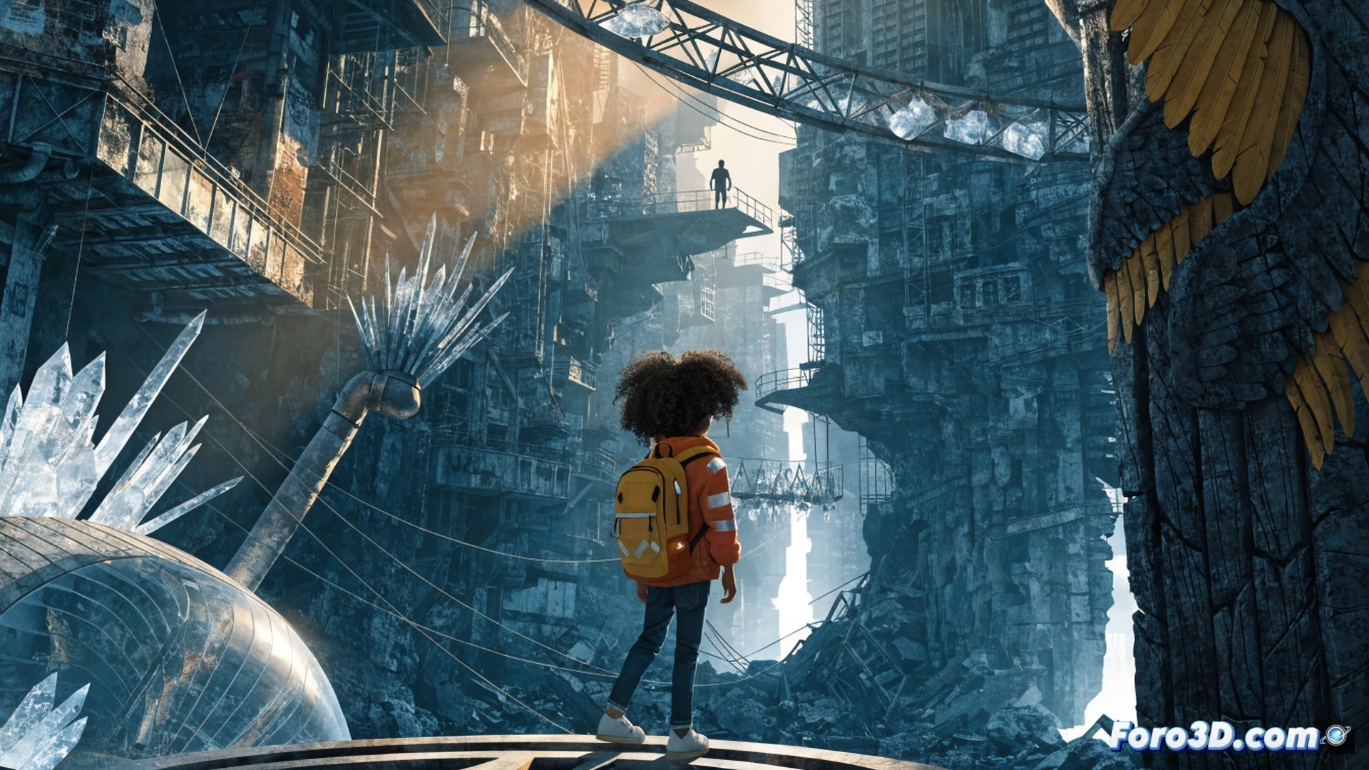 young girl standing at edge of shattered translucent dome, glowing crack spreading across protective barrier, her hand reaching toward floating ancient symbols in forbidden forest, magical particles rising from broken ground, cinematic animation style, warm golden light contrasting with dark blue shadows, detailed foliage and moss-covered ruins, emotional storytelling moment, dramatic sunset lighting, photorealistic fantasy environment, high-end animated film aesthetic