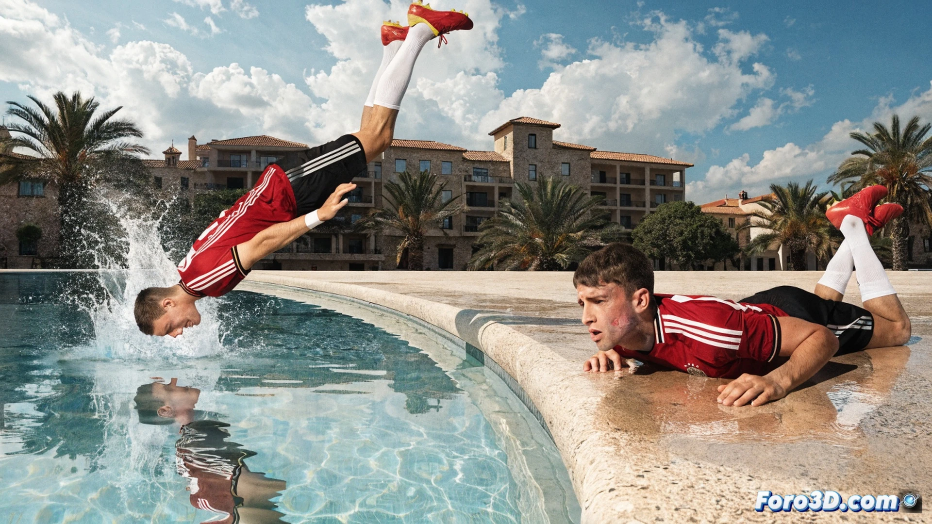 young male athlete diving headfirst into shallow swimming pool water depth only 60 centimeters, body mid-air with arms extended forward, neck angled downward dangerously close to pool floor, dramatic splash impact moment, visible pool depth markings on tiled wall, concrete pool edge, warning signs faded, cinematic photorealistic style, high contrast lighting, blue water reflections, tense action freeze-frame, ultra-detailed water droplets, realistic human anatomy, emergency prevention awareness visualization