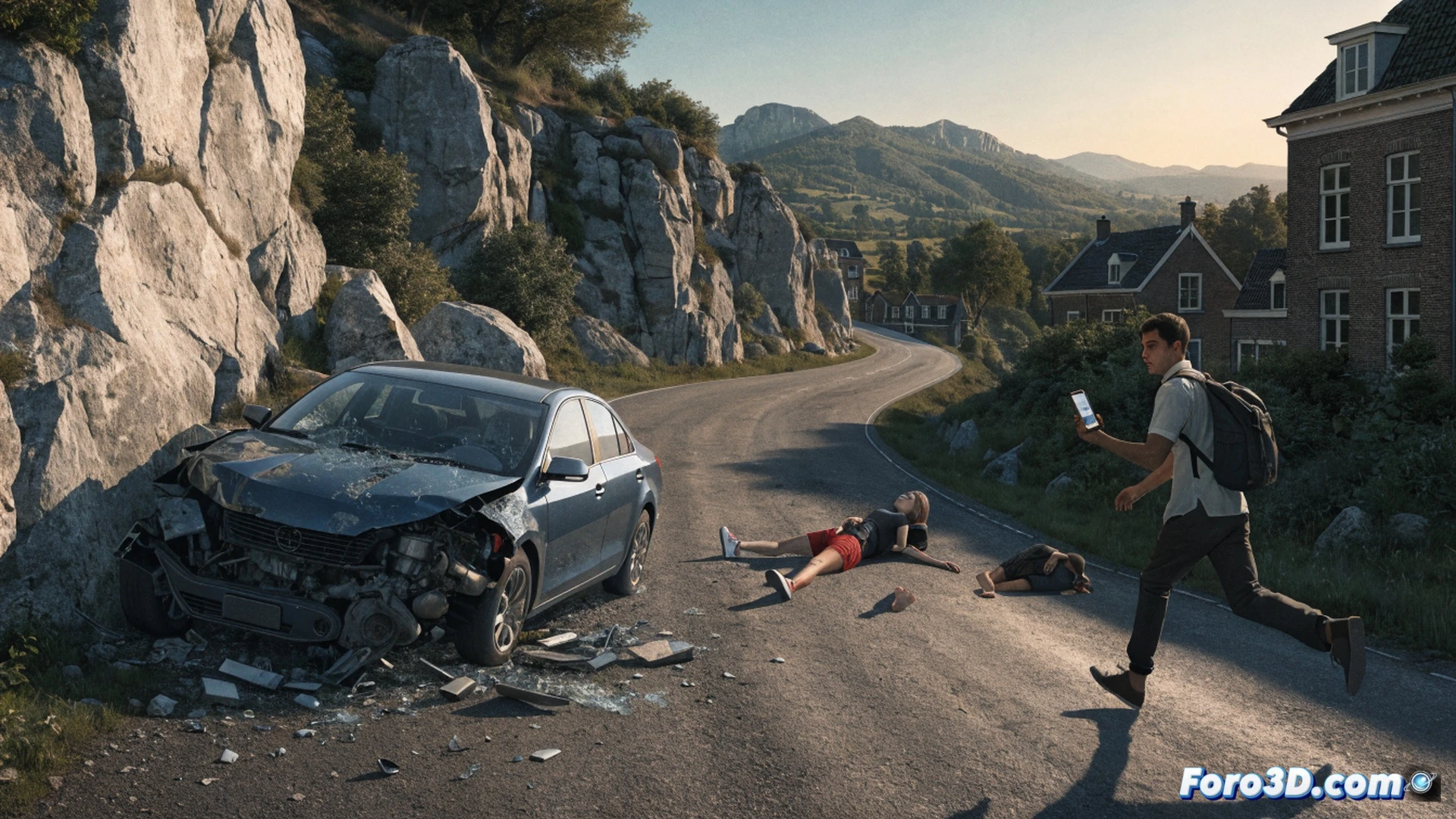 smartphone screen displaying paused fatal crash video, finger hovering over share button, reflection of a laughing face on the glossy display, keyboard with fleeing arrow key highlighted, map route from Italy to Netherlands glowing on secondary monitor, social media notification icons flashing red warning, cinematic photorealistic technical illustration, dramatic chiaroscuro lighting, dark room with blue screen glow, motion blur on fleeing figure silhouette, ultra-detailed phone camera lens reflection, debris particles suspended mid-air, forensic evidence markers on digital timeline interface