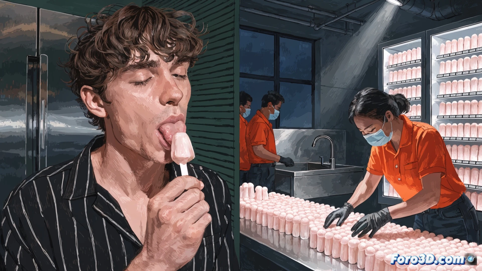 young man in casual clothes licking a plastic straw from a juice vending machine in a bright Singapore food court, then placing the same straw back into the dispenser slot, close-up shot showing the straw touching his tongue and returning to the machine, vending machine with transparent front revealing juice cartons and straw dispenser mechanism, digital price display and hygiene warning sticker visible on machine surface, photorealistic technical illustration, cinematic lighting with harsh fluorescent overheads, sharp focus on the contaminated straw and dispenser opening, reflection of bystanders in the machine glass, mood of public disgust and negligence, ultra-detailed plastic texture and droplet condensation, engineering visualization of vending hygiene failure