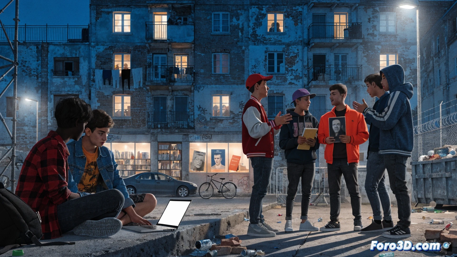 jóvenes franceses sentados en un círculo informal sobre escaleras de hormigón de un barrio popular, uno sostiene un libro abierto de Zola mientras otro gesticula explicando un pasaje, teléfonos móviles grabando la escena, pantallas de smartphones mostrando notificaciones virales, humo de cigarrillos electrónicos, graffiti colorido al fondo, luces de neón de un kebab cercano, estilo cinematográfico realista, textura de pared desconchada, atmósfera nocturna urbana, expresión entusiasta y desafiante, composición dinámica, profundidad de campo, fotografía documental de alta calidad