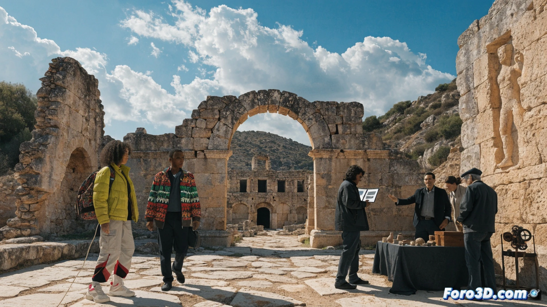 Grupo de jóvenes líderes iberoamericanos examinando un plano arquitectónico digital sobre una tableta, junto a un arqueólogo señalando un muro romano en el yacimiento de Baelo Claudia, durante una demostración de técnicas de conservación patrimonial, con herramientas de medición láser y drones sobrevolando el foro, estilo cinematográfico fotorrealista, luz dorada del atardecer gaditano, texturas de piedra caliza y vegetación mediterránea, fondo con el arco de la basílica y el mar.