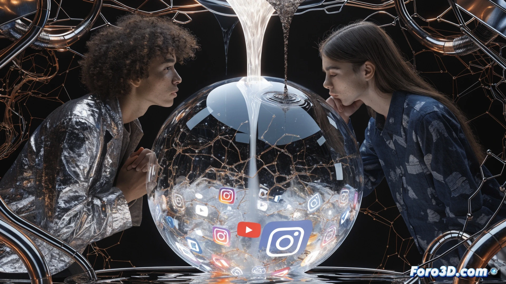 young person scrolling smartphone in dim bedroom, Instagram feed showing news headlines mixed with clickbait memes, YouTube app icon glowing on screen, chatbot interface minimized in corner, red warning icons floating around phone representing misinformation, split-screen effect showing news consumption process, cinematic photorealistic style, dramatic blue and orange lighting, intense facial expression illuminated by screen glow, smartphone reflection in eyes, digital particles and data streams visible in background, ultra-detailed skin texture and phone screen details, shallow depth of field, moody atmosphere emphasizing information overload