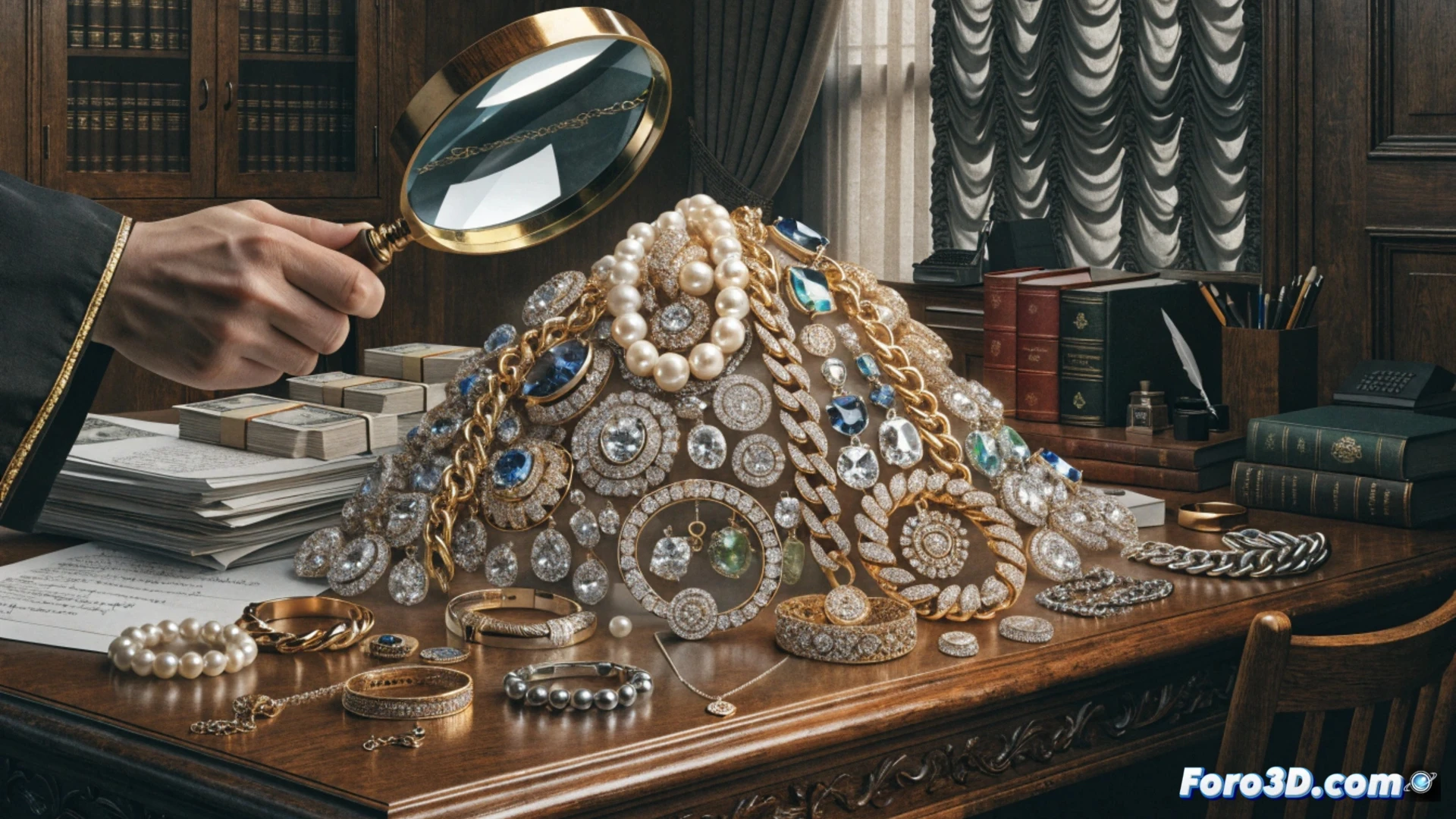 luxury jewellery pieces scattered on a wooden desk inside a dimly lit government office, a judge’s gavel resting beside a magnifying glass examining a diamond necklace, forensic accountant reviewing tax documents under a desk lamp, open laptop showing spreadsheet with red flags, security camera recording the scene, cinematic photorealistic style, dramatic chiaroscuro lighting, dust particles floating in a shaft of window light, polished marble floor reflecting desk clutter, tense investigative atmosphere, ultra-detailed metal surfaces and gemstone refractions