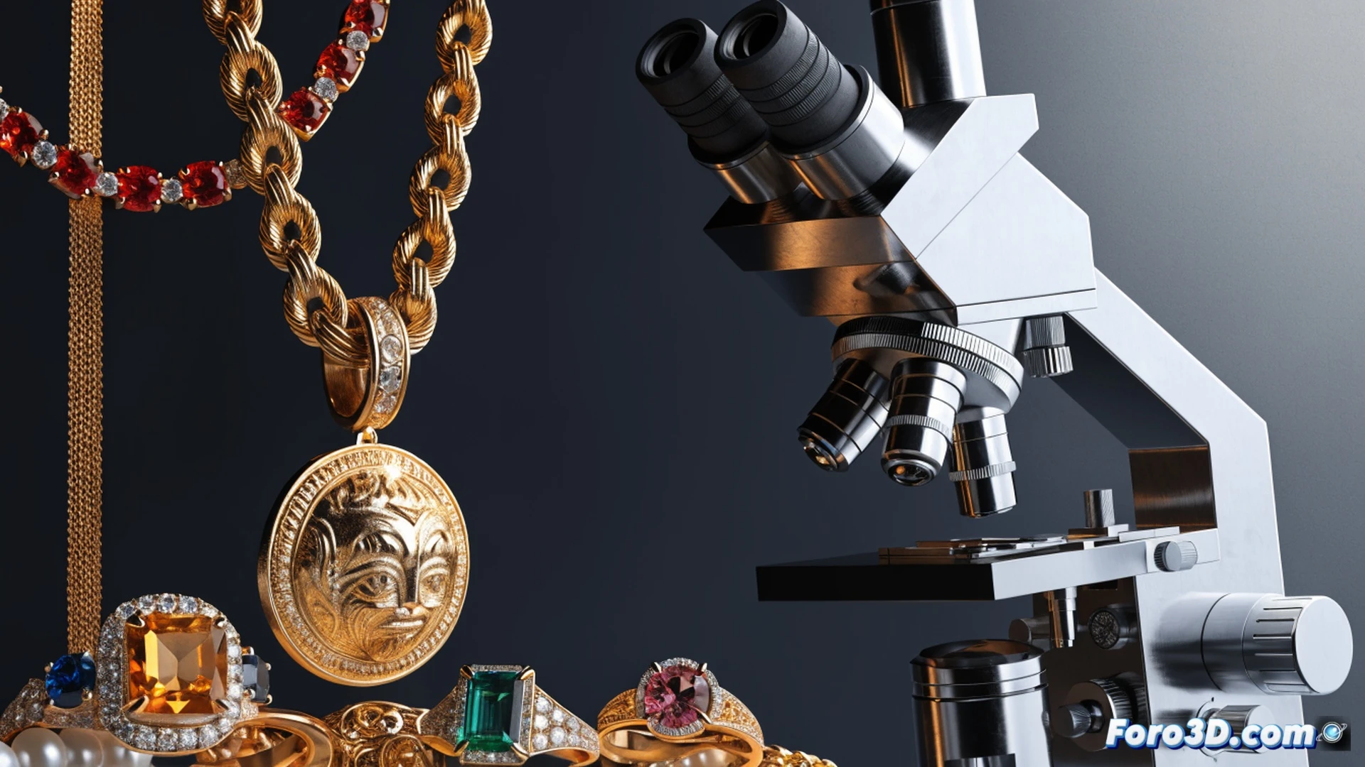 luxury jewelry pieces arranged on a forensic evidence table, a judge's gavel and magnifying glass beside a legal document with a visible tax fraud seal, an emerald necklace and sapphire bracelet being examined under a bright forensic lamp by a gloved hand, photorealistic technical illustration, high-contrast dramatic lighting, polished gemstone reflections, metallic gleam on gold chains, detailed texture of legal papers and wooden table grain, cinematic courtroom evidence scene